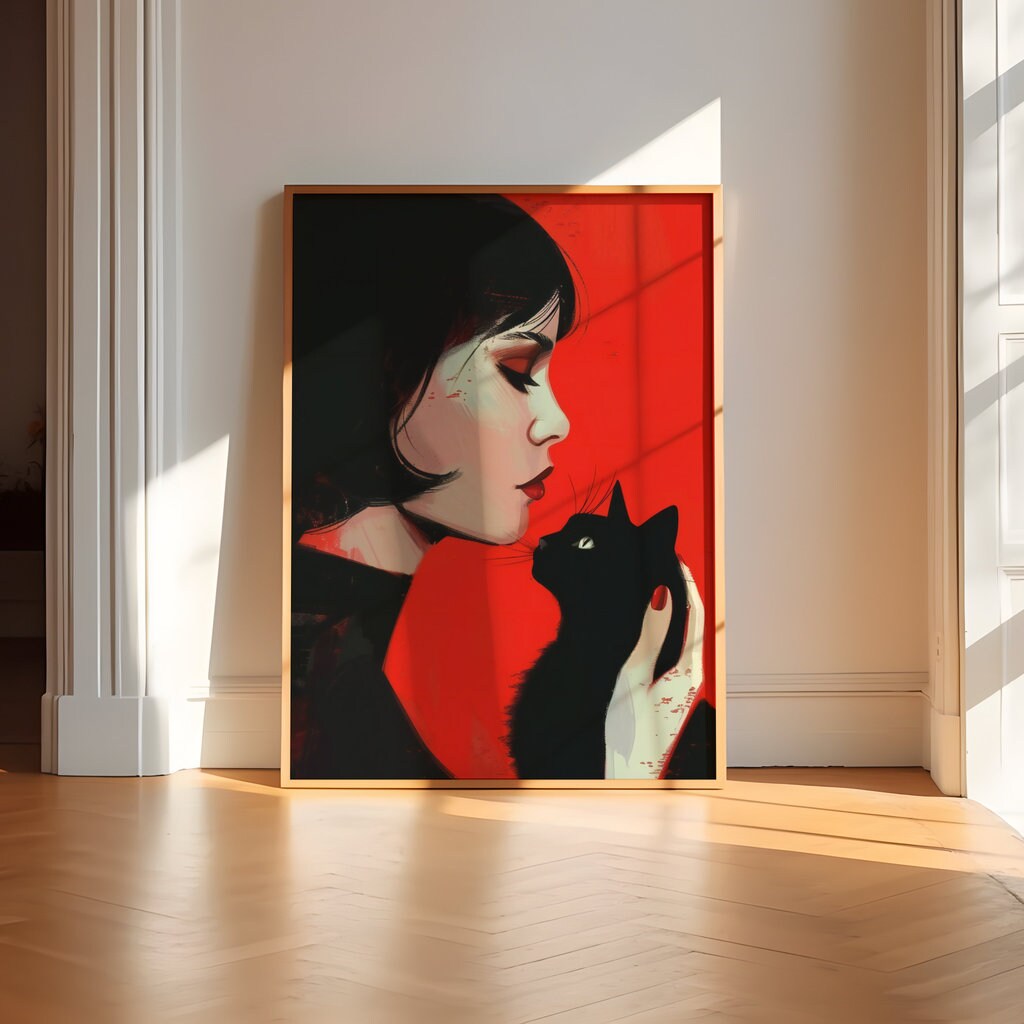 Woman and Black Cat Vibrant Red Portrait Interactive Wall Art