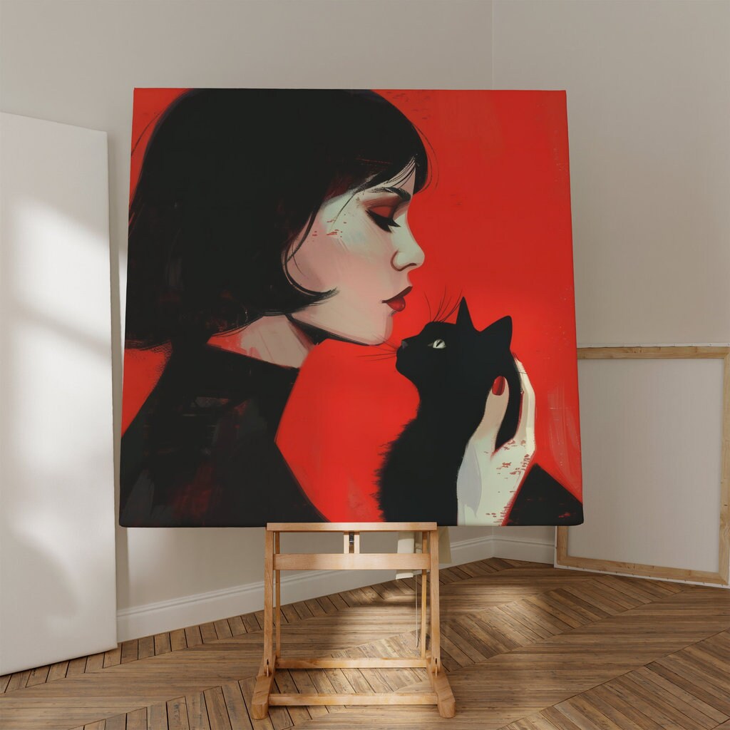 Woman and Black Cat Vibrant Red Portrait Interactive Wall Art