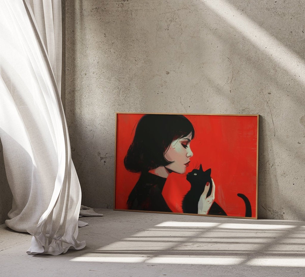 Woman and Black Cat Vibrant Red Portrait Interactive Wall Art