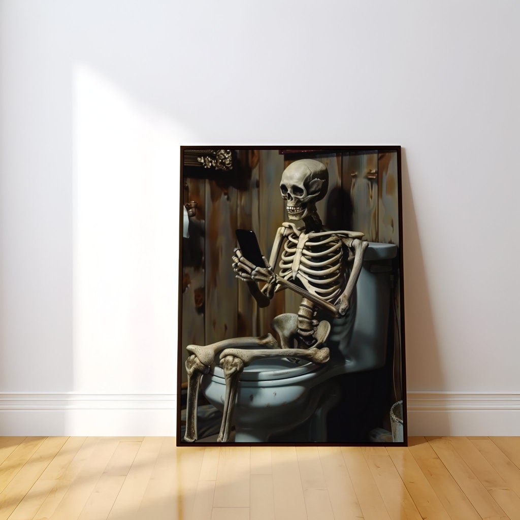 Skeleton in Bathroom on phone Interactive Wall Art