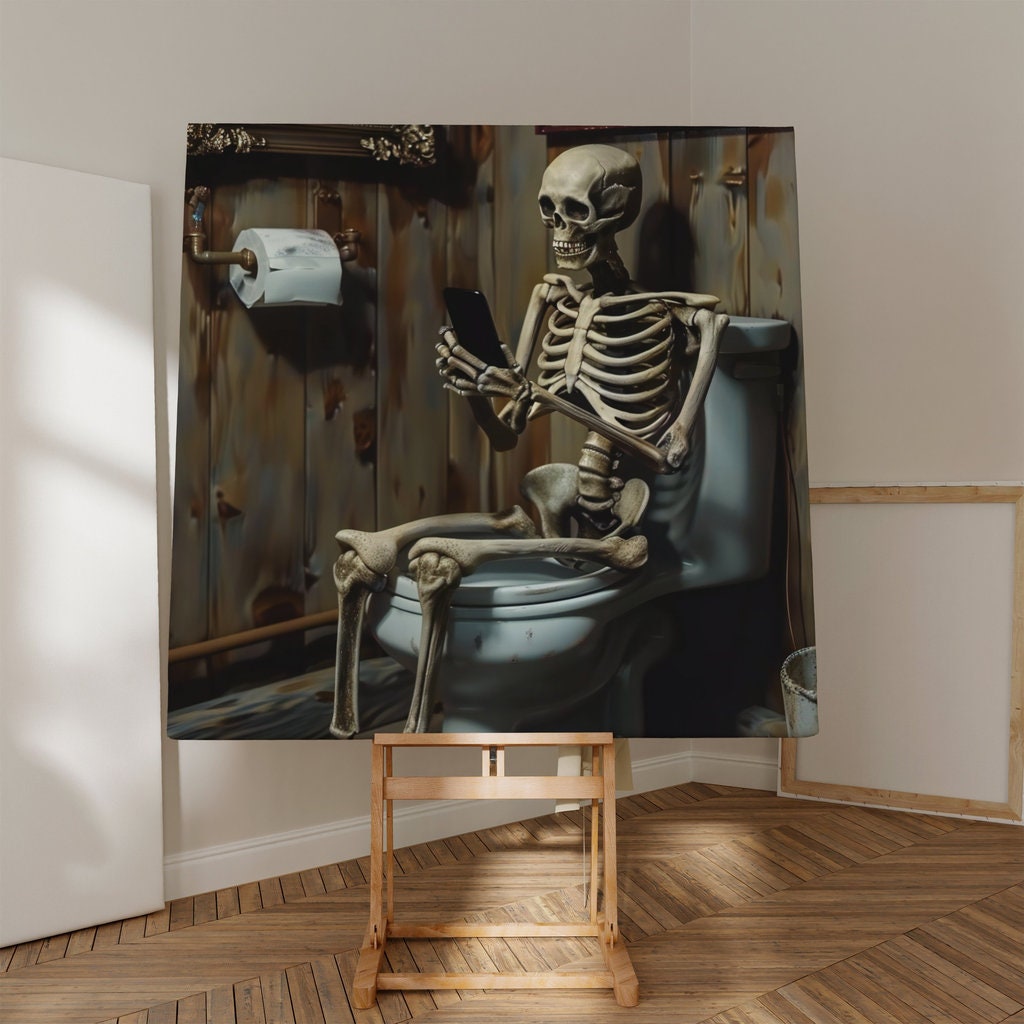 Skeleton in Bathroom on phone Interactive Wall Art