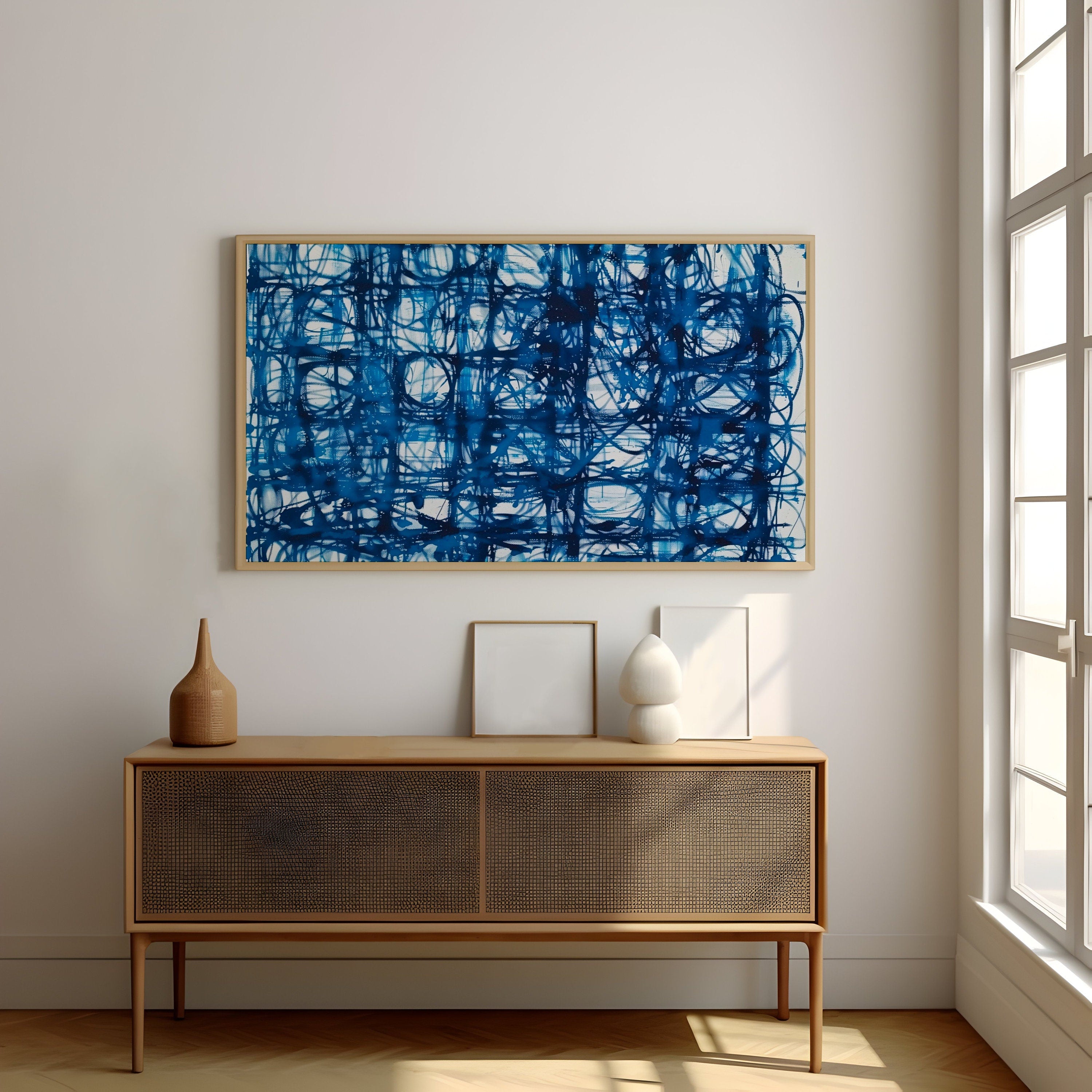 Chaotic Energy Abstract Blue Lines on White Interactive Wall Art