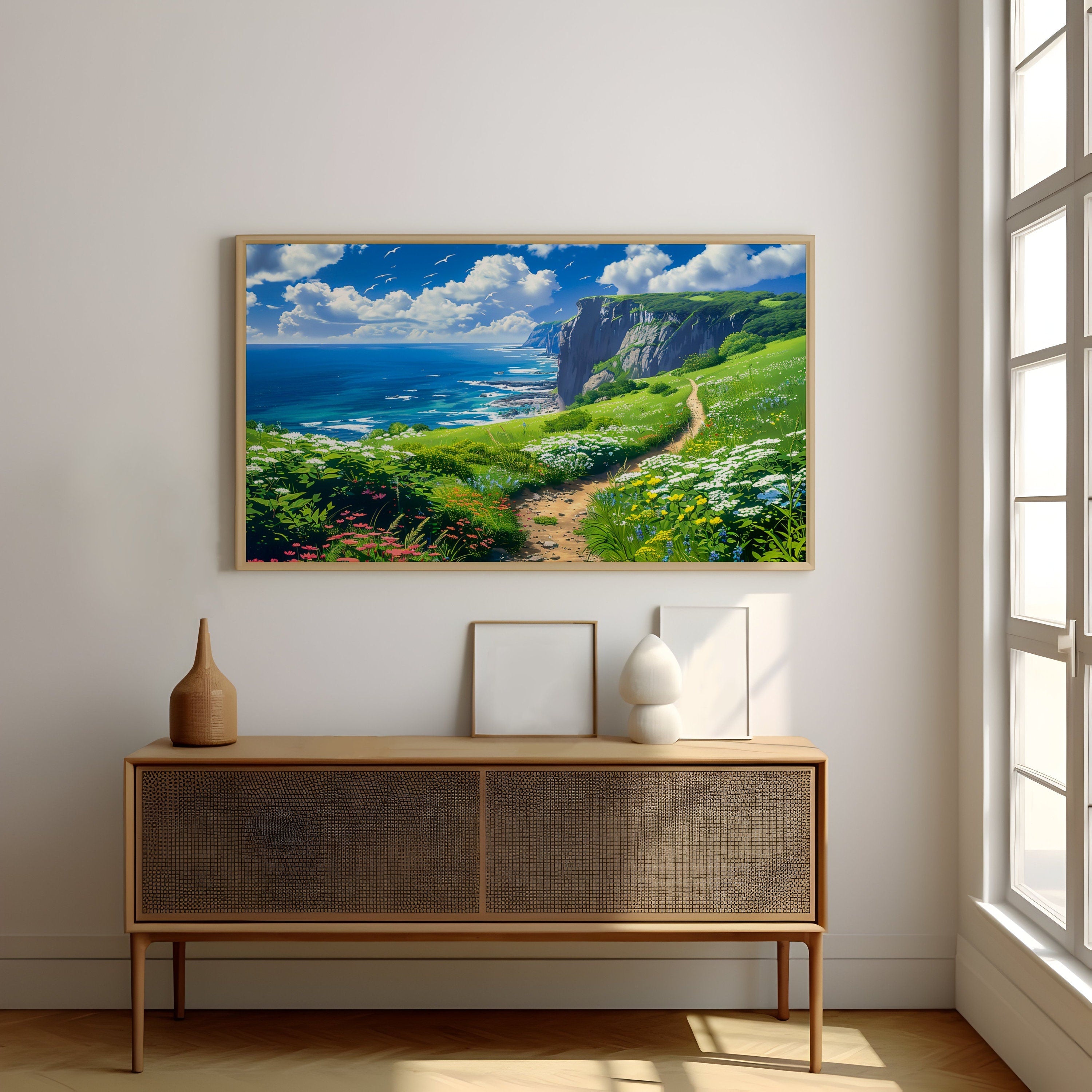 Path to Serenity: Anime-Inspired Wildflower Field & Ocean Cliffs | Whimsical & Vibrant Landscape Art