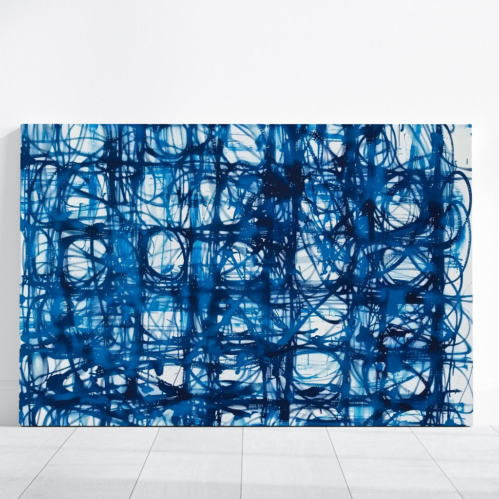 Chaotic Energy Abstract Blue Lines on White Interactive Wall Art