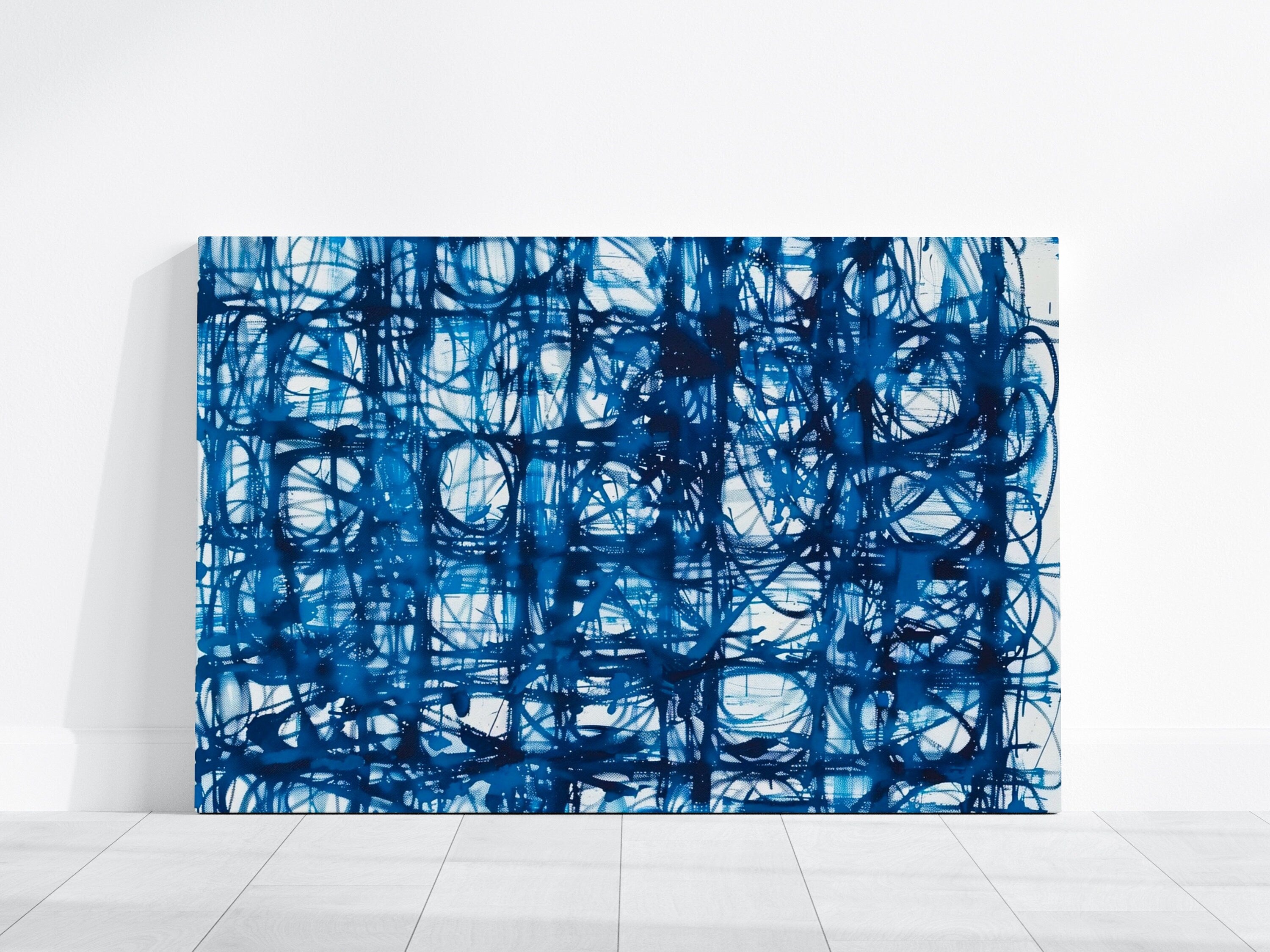 Chaotic Energy Abstract Blue Lines on White Interactive Wall Art