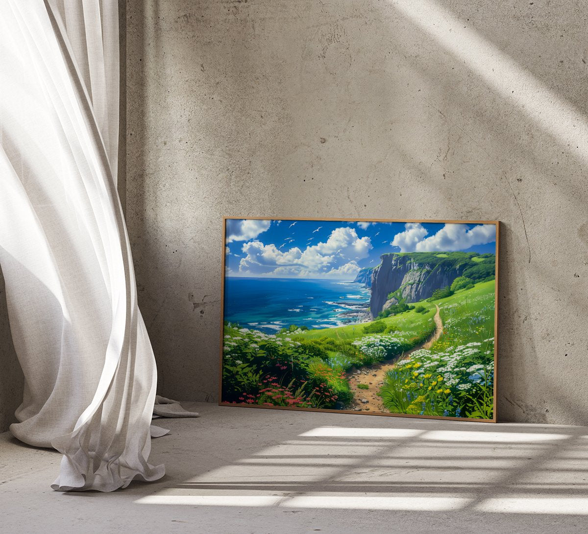 Path to Serenity: Anime-Inspired Wildflower Field & Ocean Cliffs | Whimsical & Vibrant Landscape Art