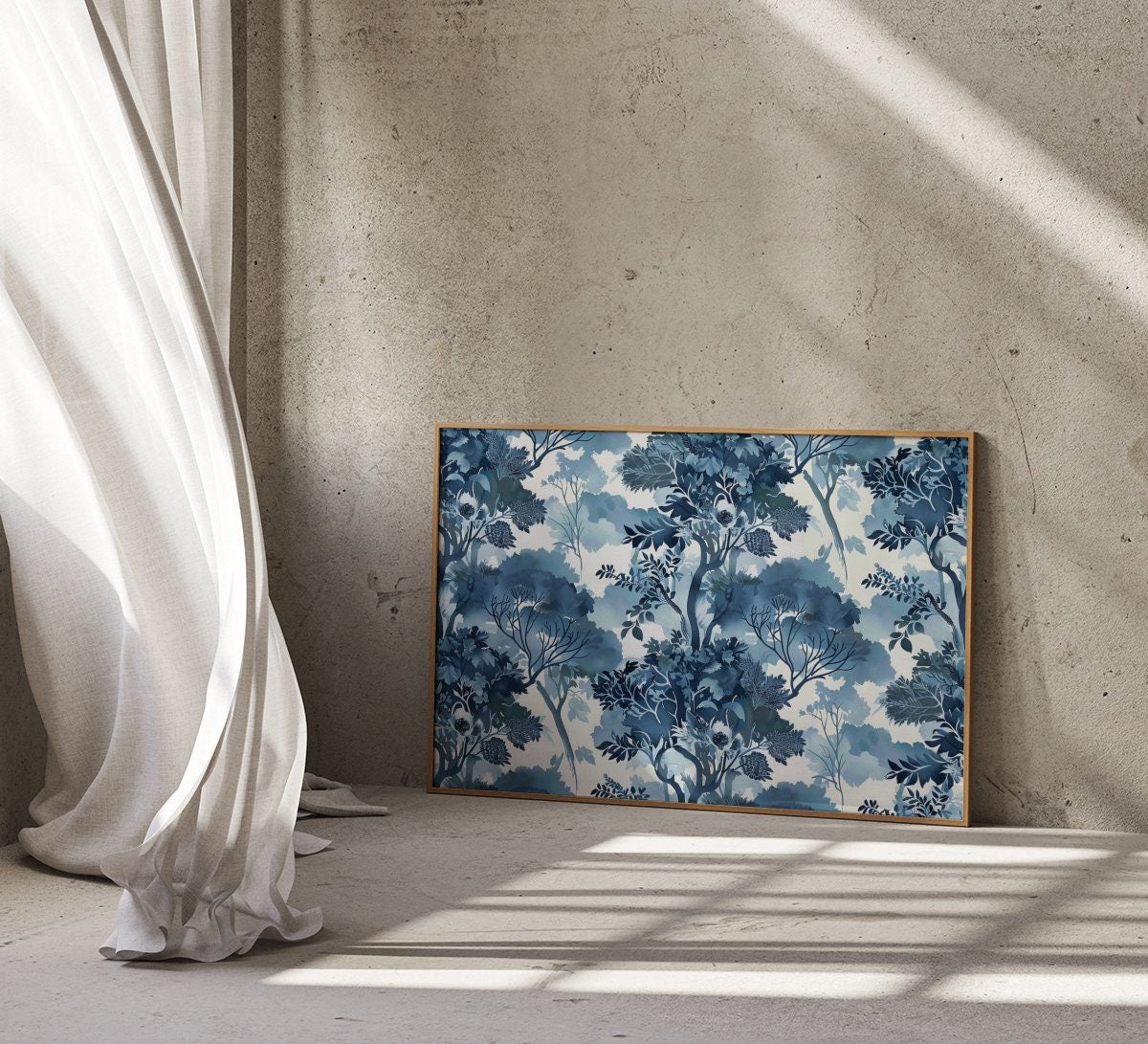 Ethereal Blue: Serene Watercolor Tree & Leaf Pattern | Tranquil & Elegant Wall Decor