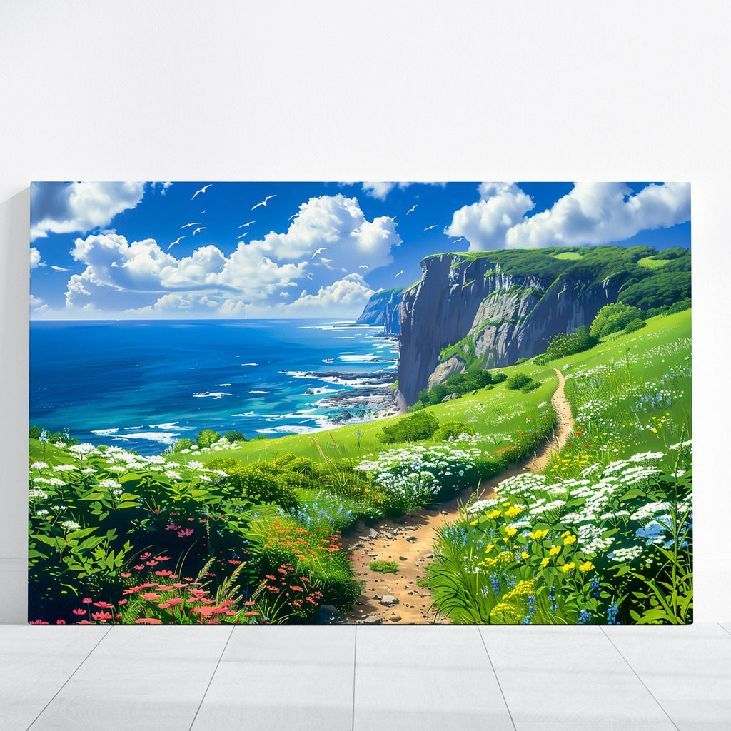 Path to Serenity: Anime-Inspired Wildflower Field & Ocean Cliffs | Whimsical & Vibrant Landscape Art