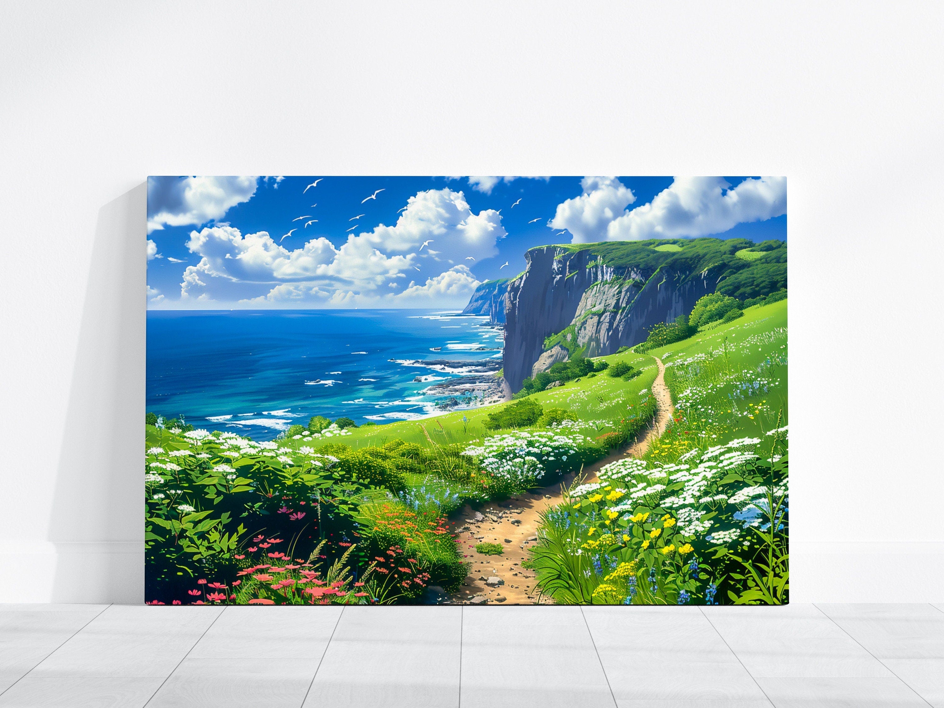 Path to Serenity: Anime-Inspired Wildflower Field & Ocean Cliffs | Whimsical & Vibrant Landscape Art