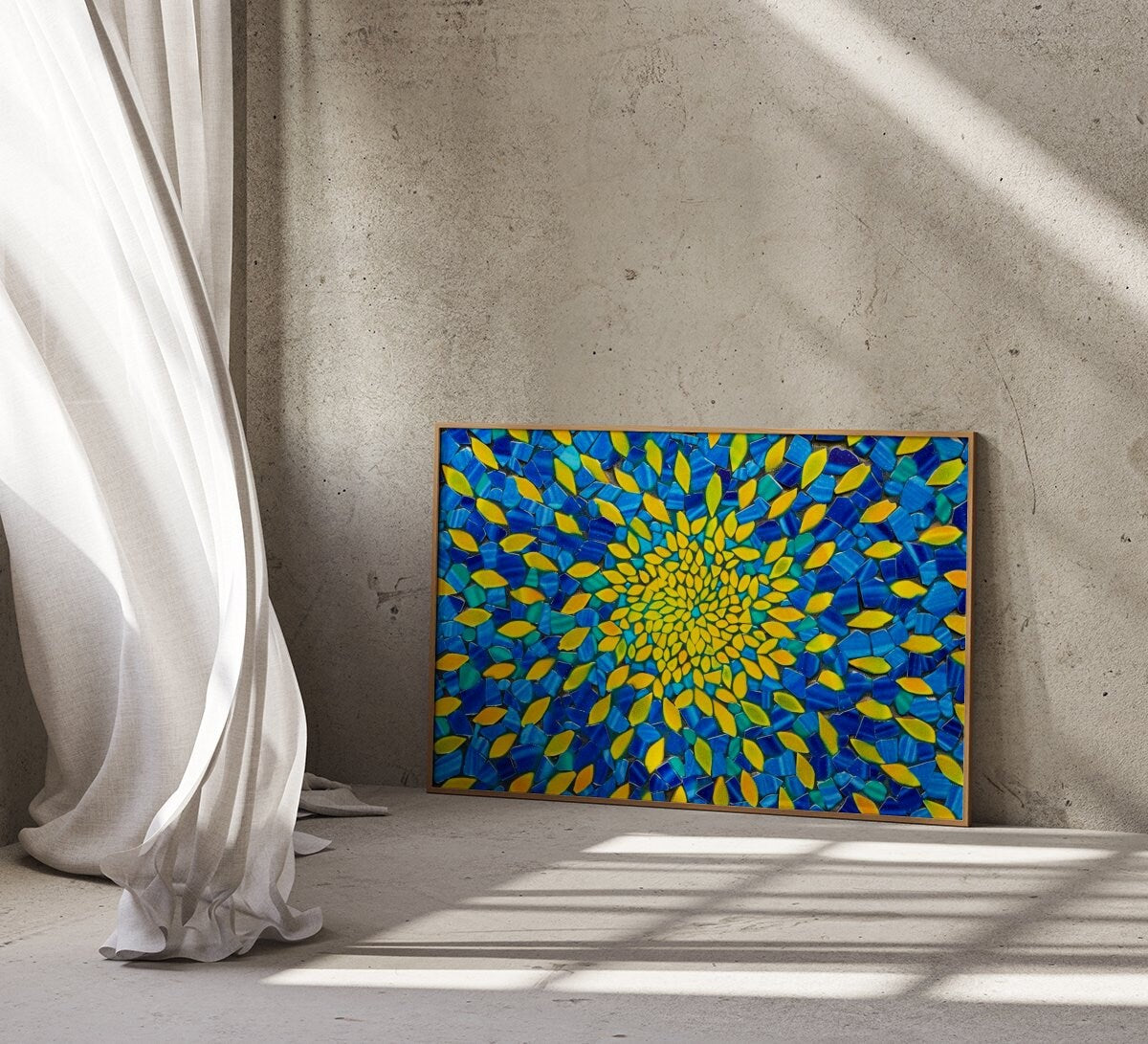 The Golden Vortex: Vibrant Blue & Yellow Abstract Mosaic | Radiant & Energetic Wall Art