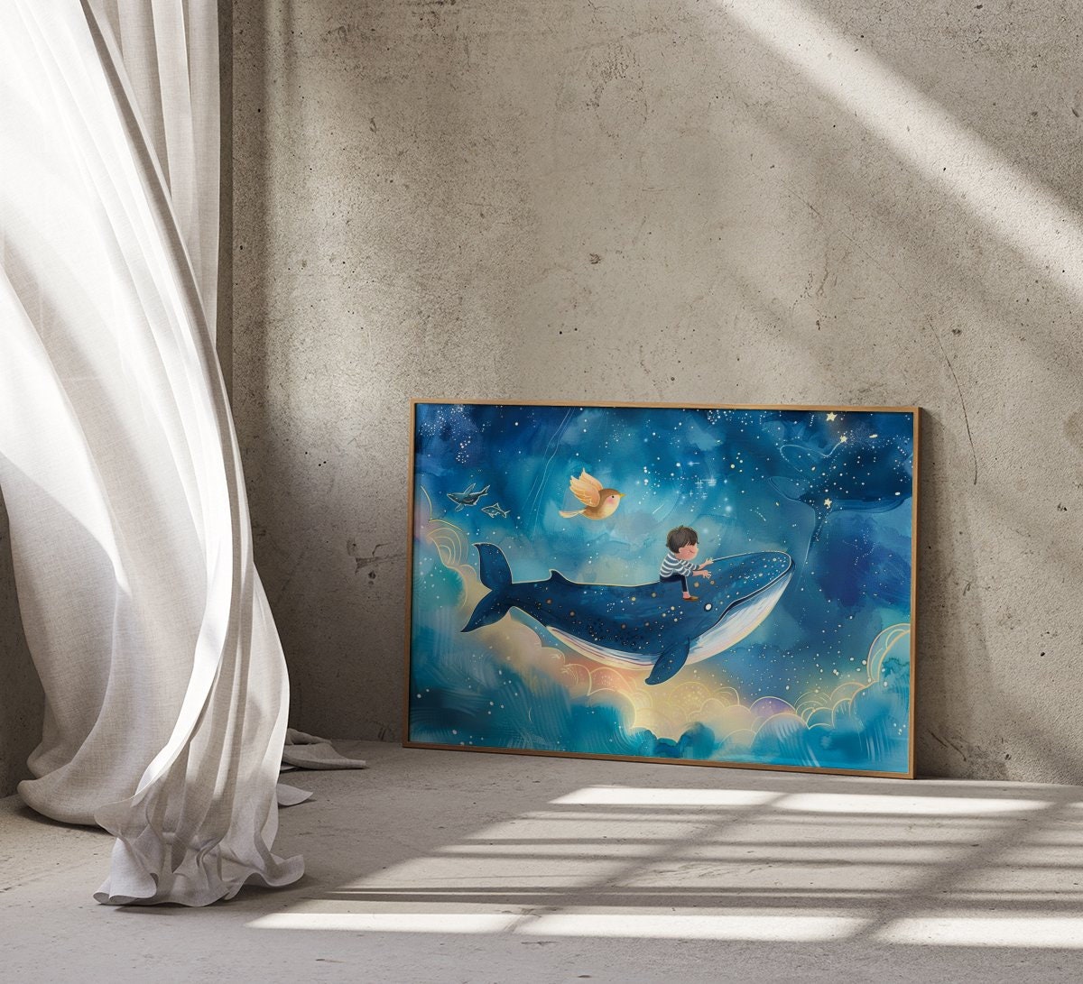 Whimsical Journey Boy Riding a Flying Whale in the Night Sky