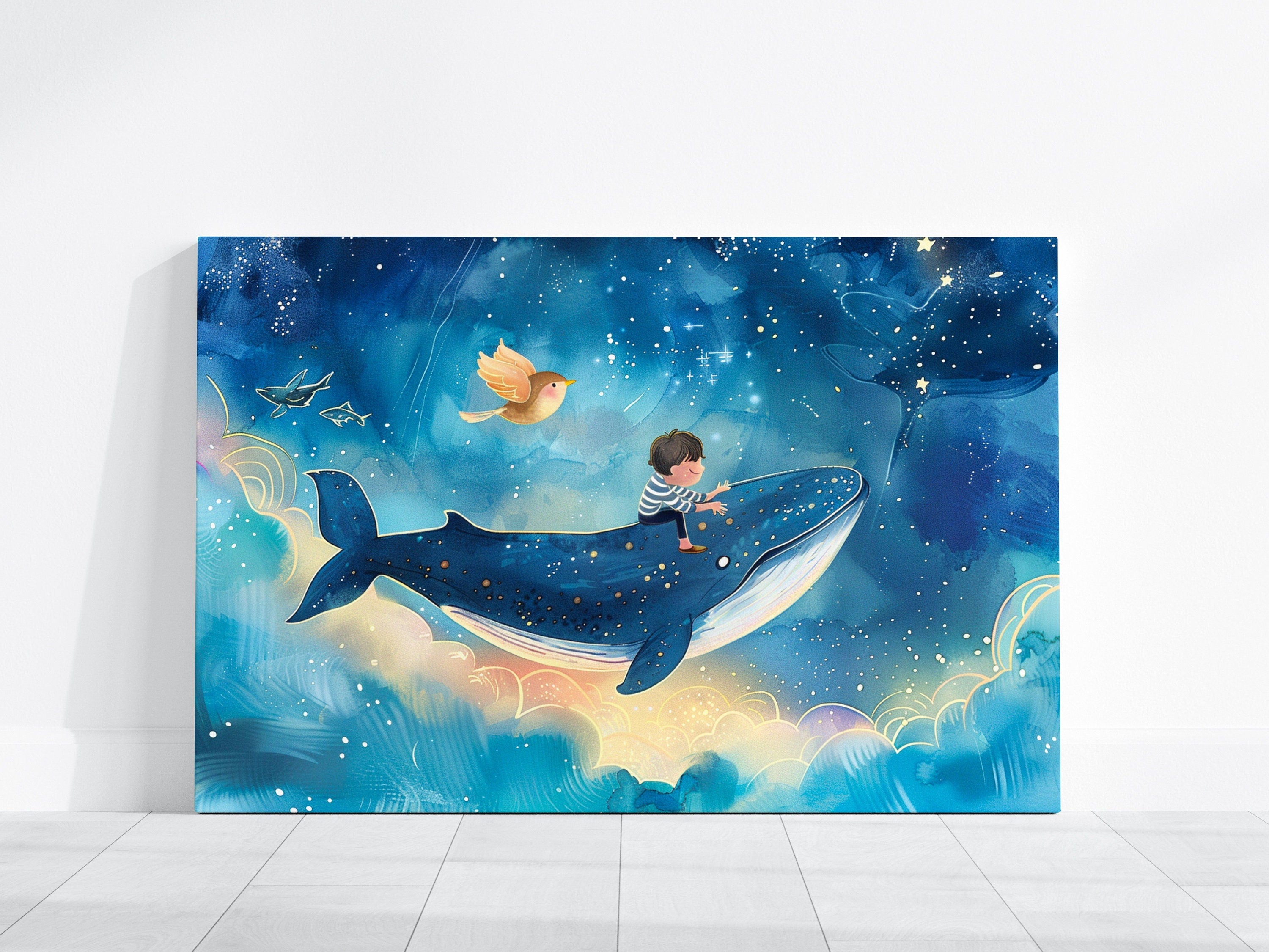 Whimsical Journey Boy Riding a Flying Whale in the Night Sky