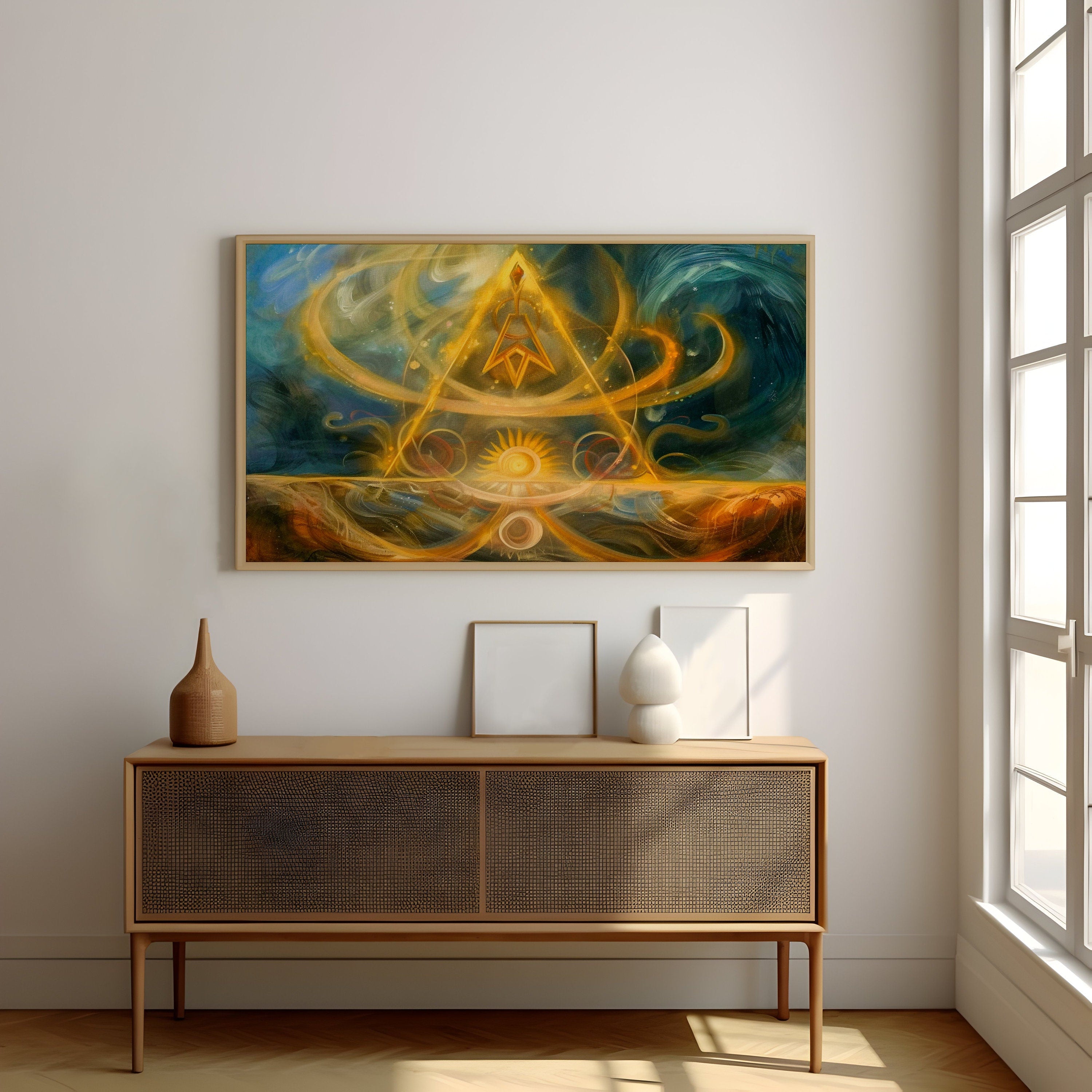 Cosmic Ascension Glowing Golden Pyramid with Ethereal Sun Interactive Wall Art