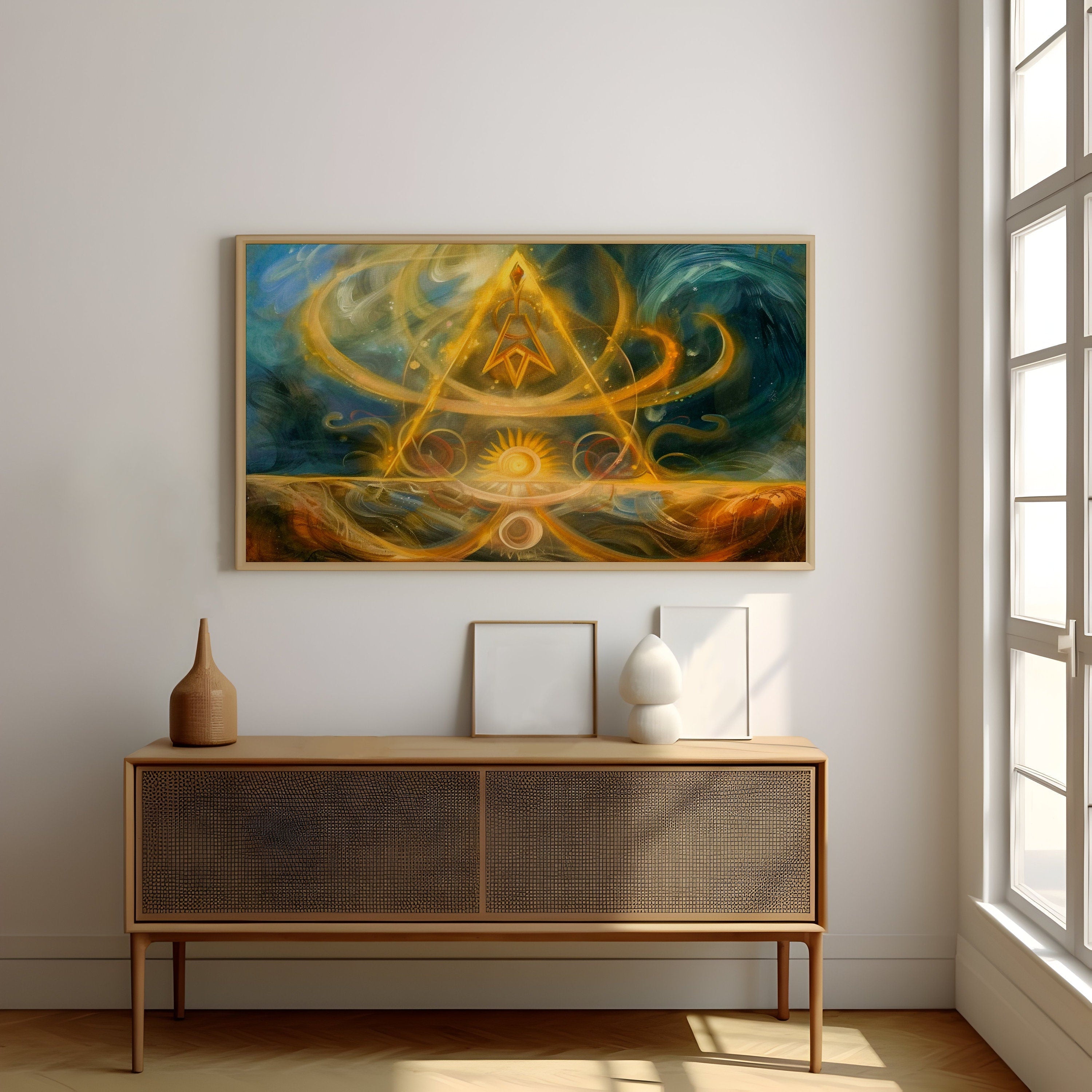 The Golden Pyramid: Cosmic Sun & Swirling Energy Art | Spiritual & Mystical Wall Decor