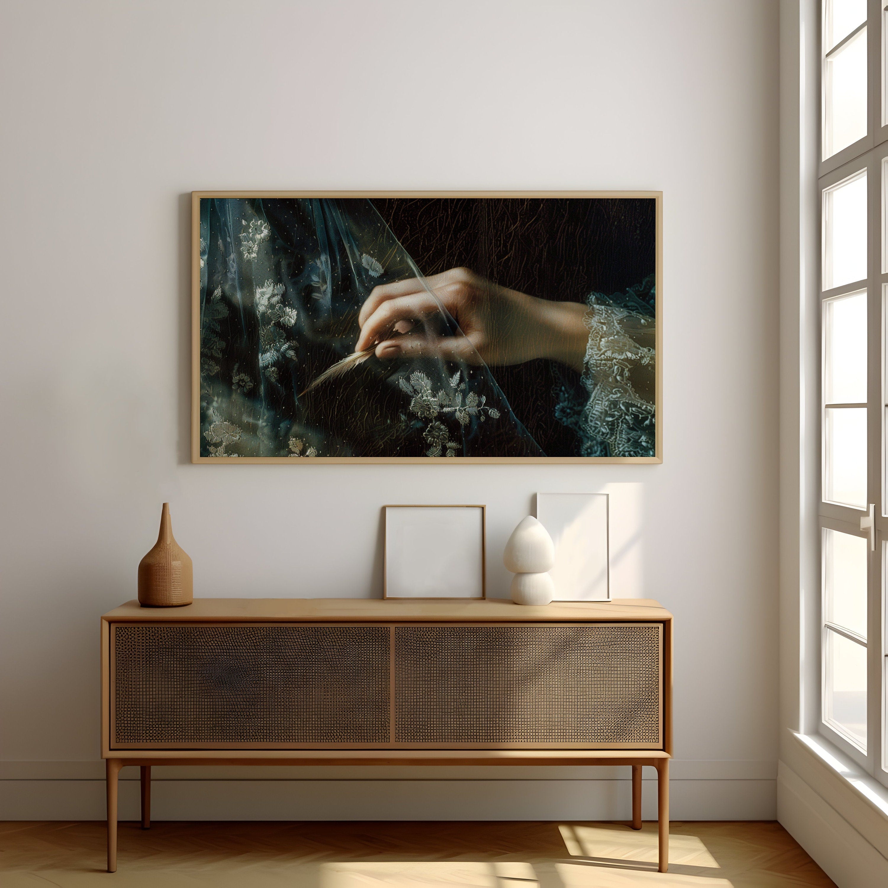 Whispering Grace Woman's Hand Holding Delicate Feather Behind Sheer Veil Interactive Wall Art