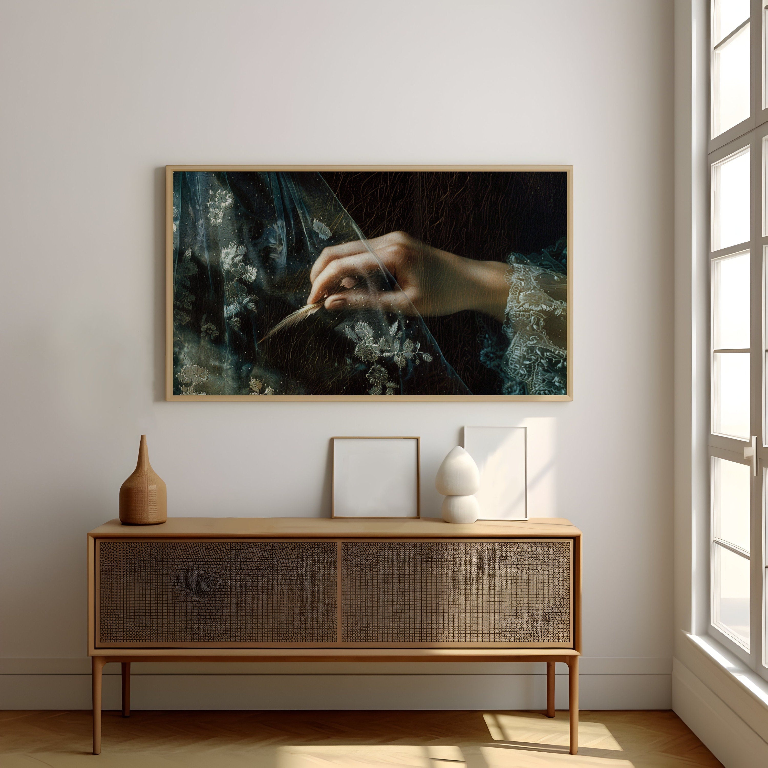 The Veiled Truth: Elegant Hand Holding Feather Art | Mysterious & Graceful Wall Decor