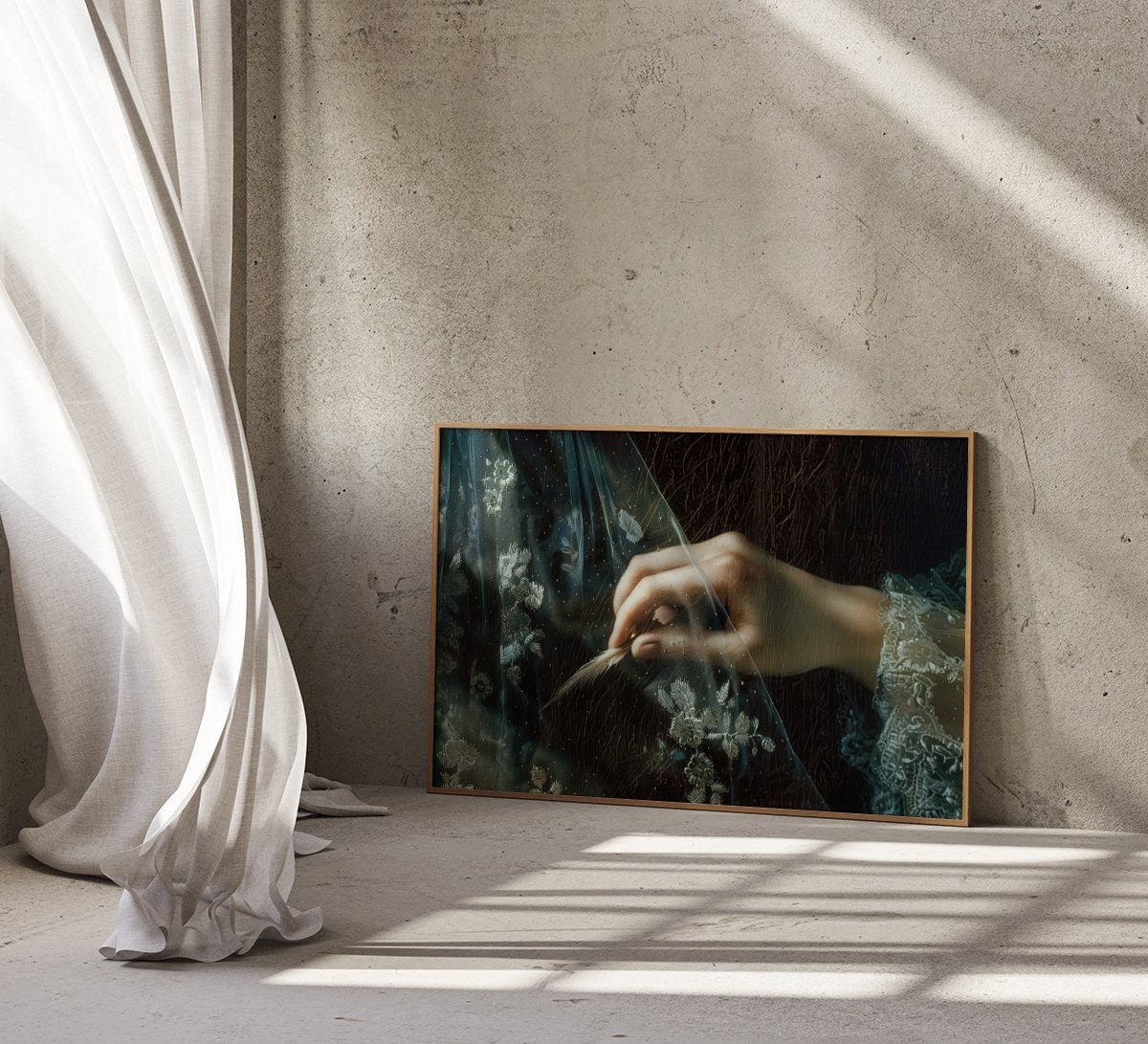 The Veiled Truth: Elegant Hand Holding Feather Art | Mysterious & Graceful Wall Decor