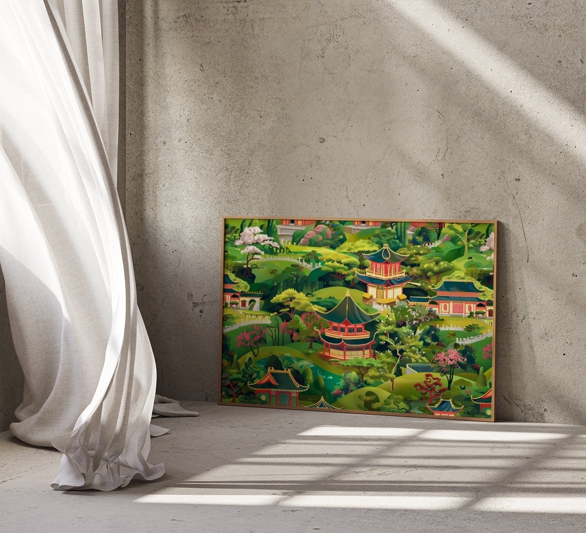 Enchanted Garden: Whimsical Chinese Pagoda & Cherry Blossom Art | Playful & Serene Landscape Decor