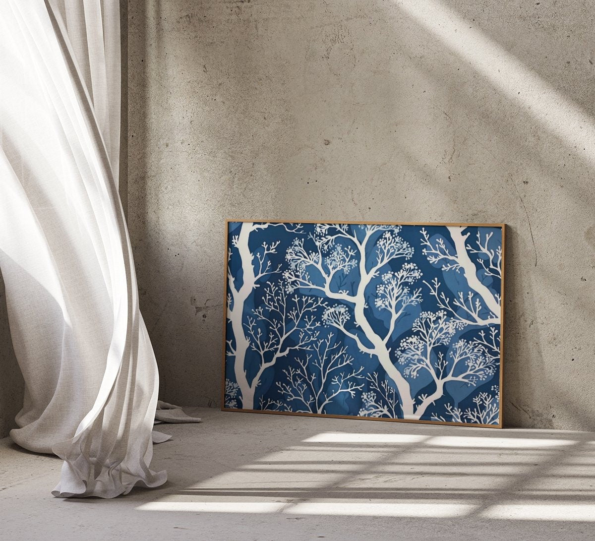 Delicate Trees White Stylized Trees on Blue Background in Batik Style Interactive Wall Art