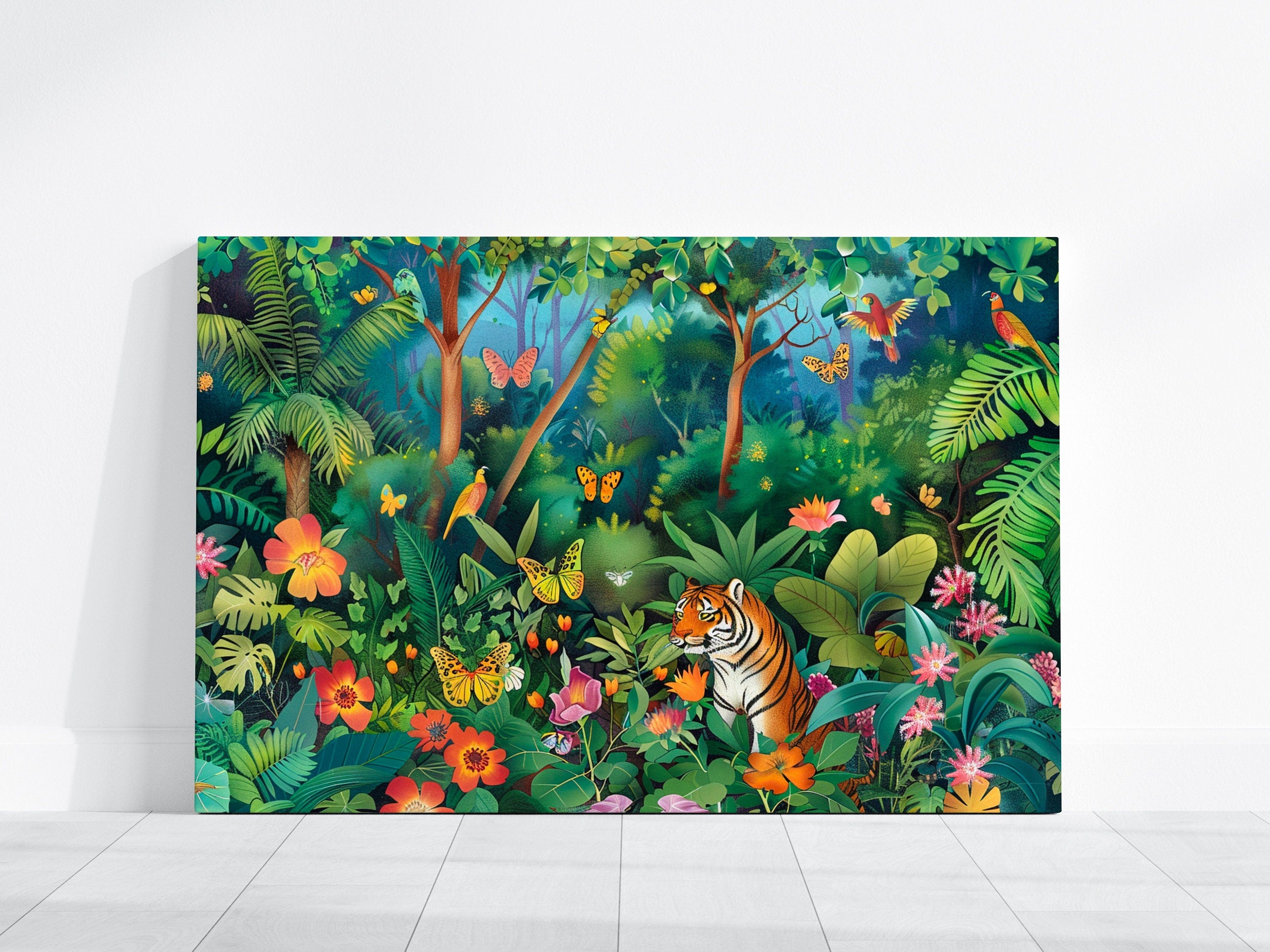 Tropical Majestic Bengal Tiger Surrounded by Lush Foliage Interactive Wall Art