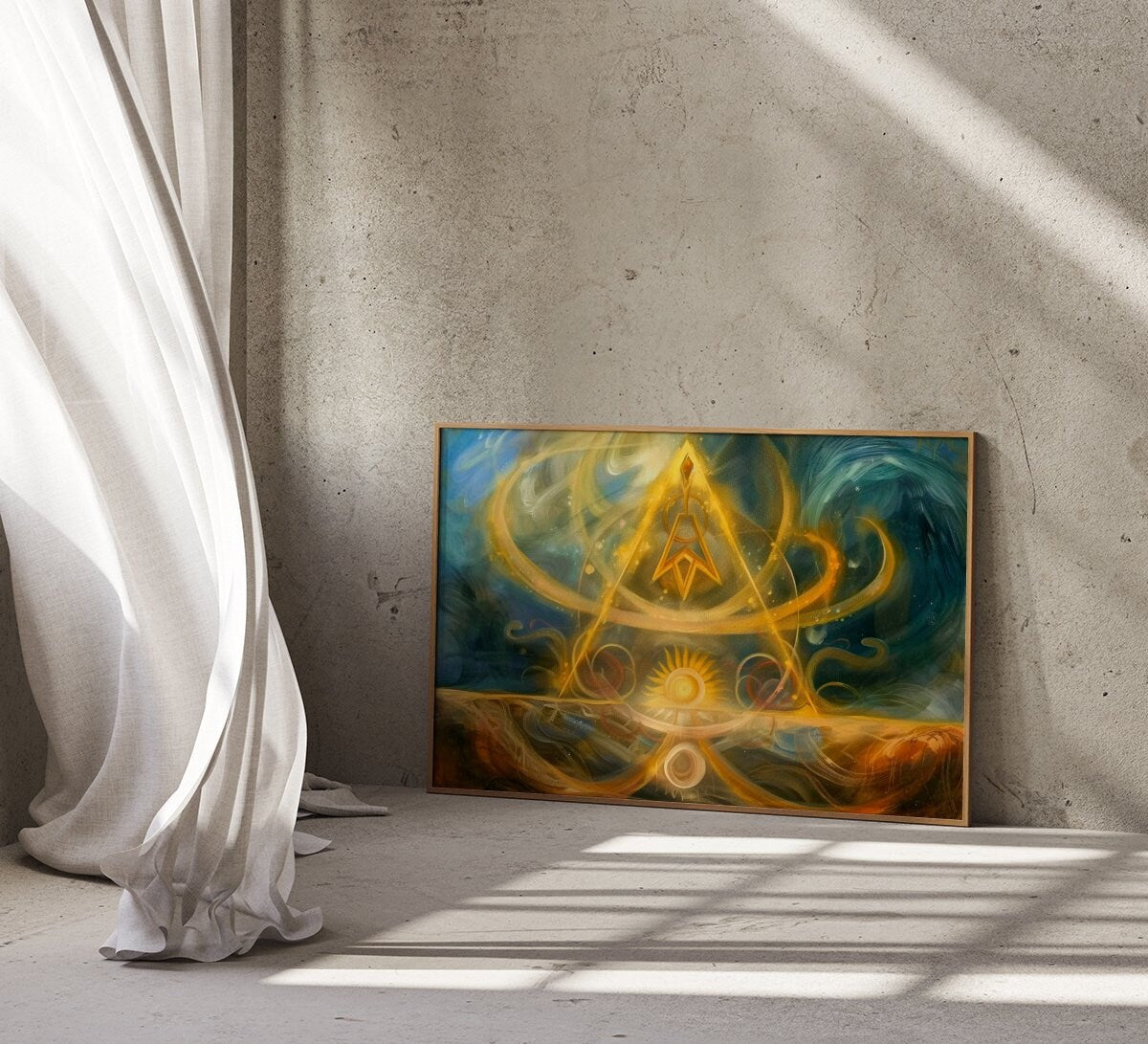 Cosmic Ascension Glowing Golden Pyramid with Ethereal Sun Interactive Wall Art