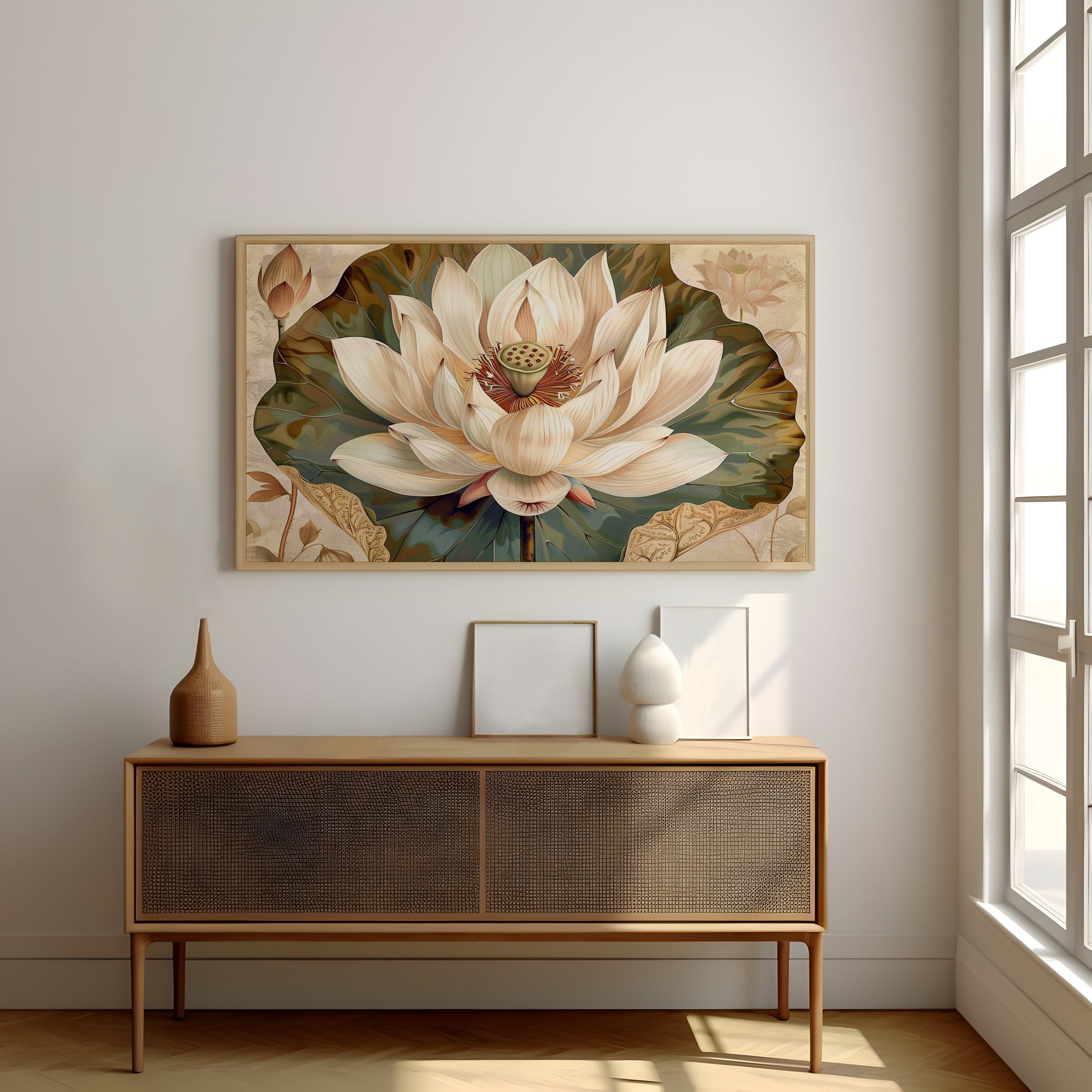 Ethereal Lotus Pristine White Lotus Bloom Against Antique Parchment Interactive Wall Art