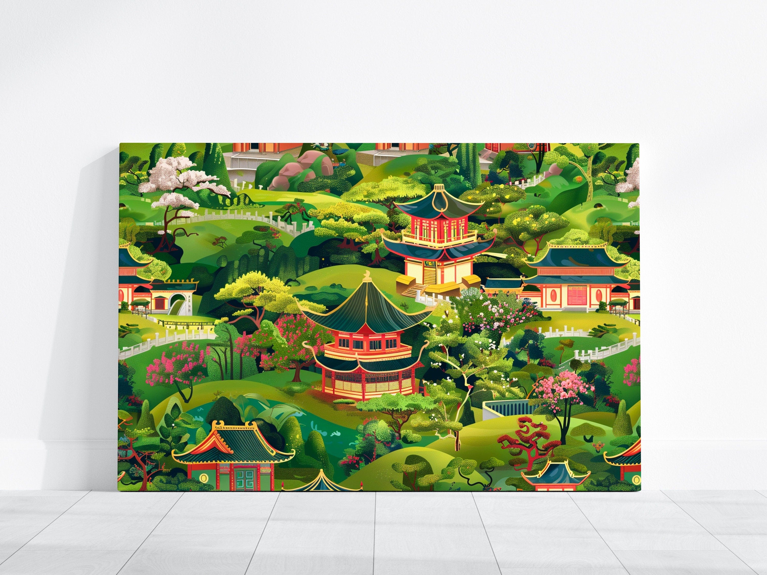 Enchanted Garden: Whimsical Chinese Pagoda & Cherry Blossom Art | Playful & Serene Landscape Decor