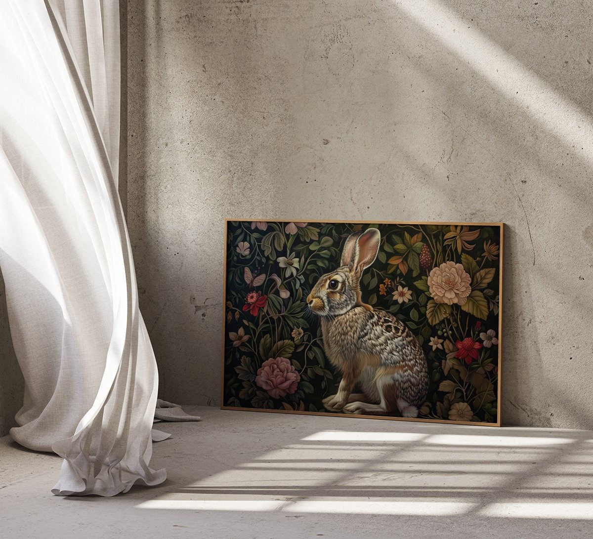 The Garden Guardian: Whimsical Jackrabbit in a Lush Floral Haven | Dark Botanical Art
