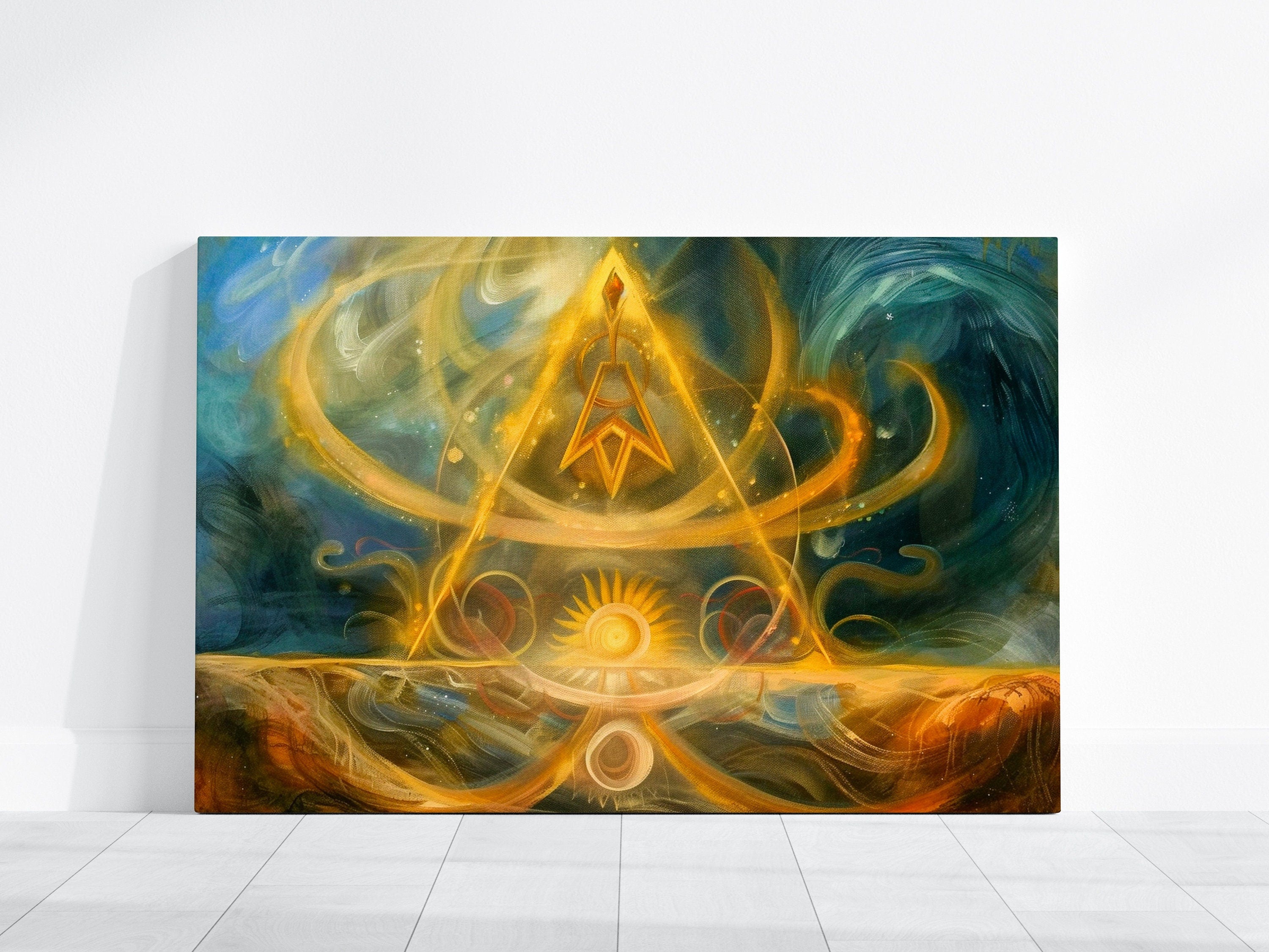 Cosmic Ascension Glowing Golden Pyramid with Ethereal Sun Interactive Wall Art