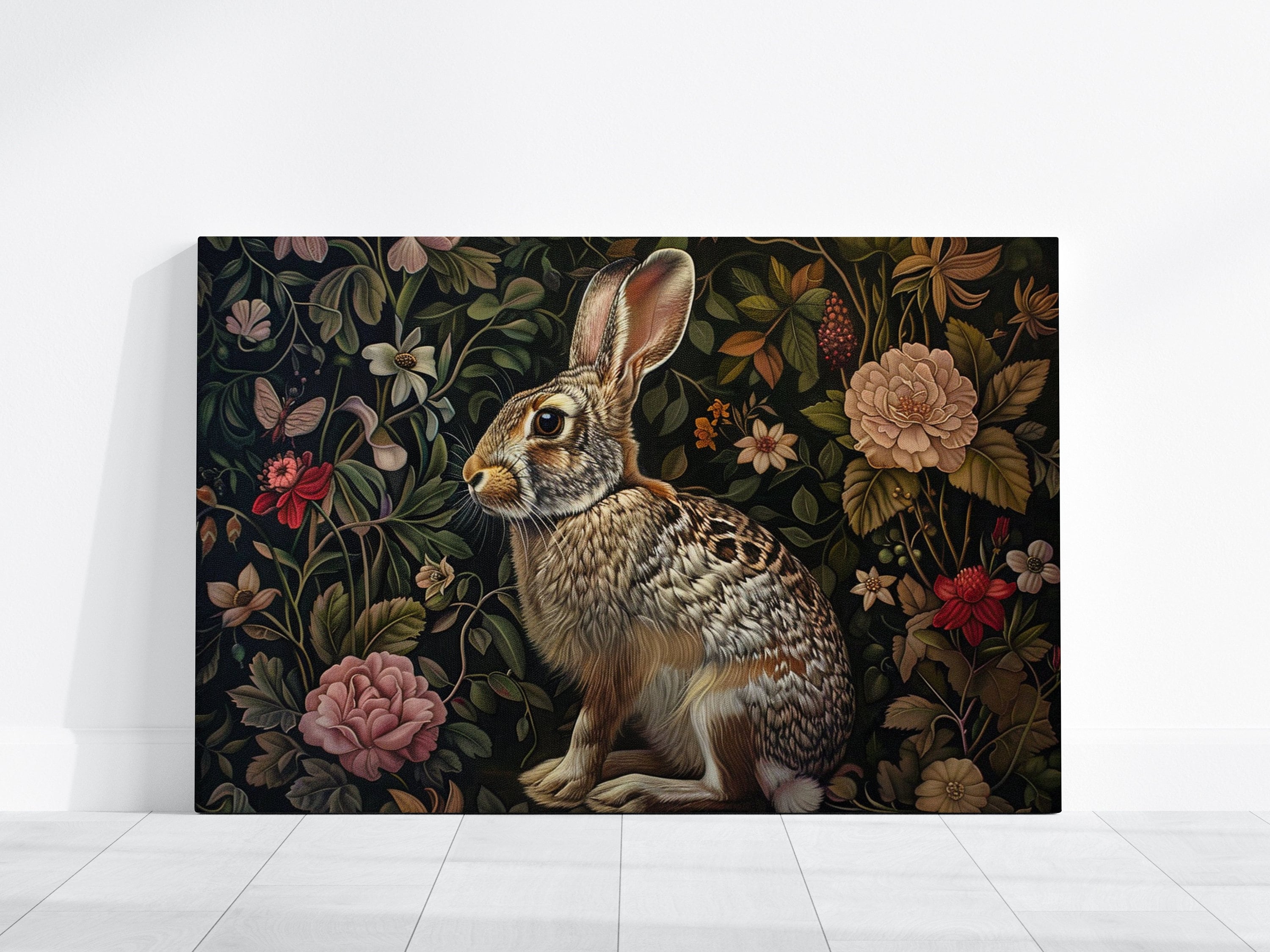 The Garden Guardian: Whimsical Jackrabbit in a Lush Floral Haven | Dark Botanical Art