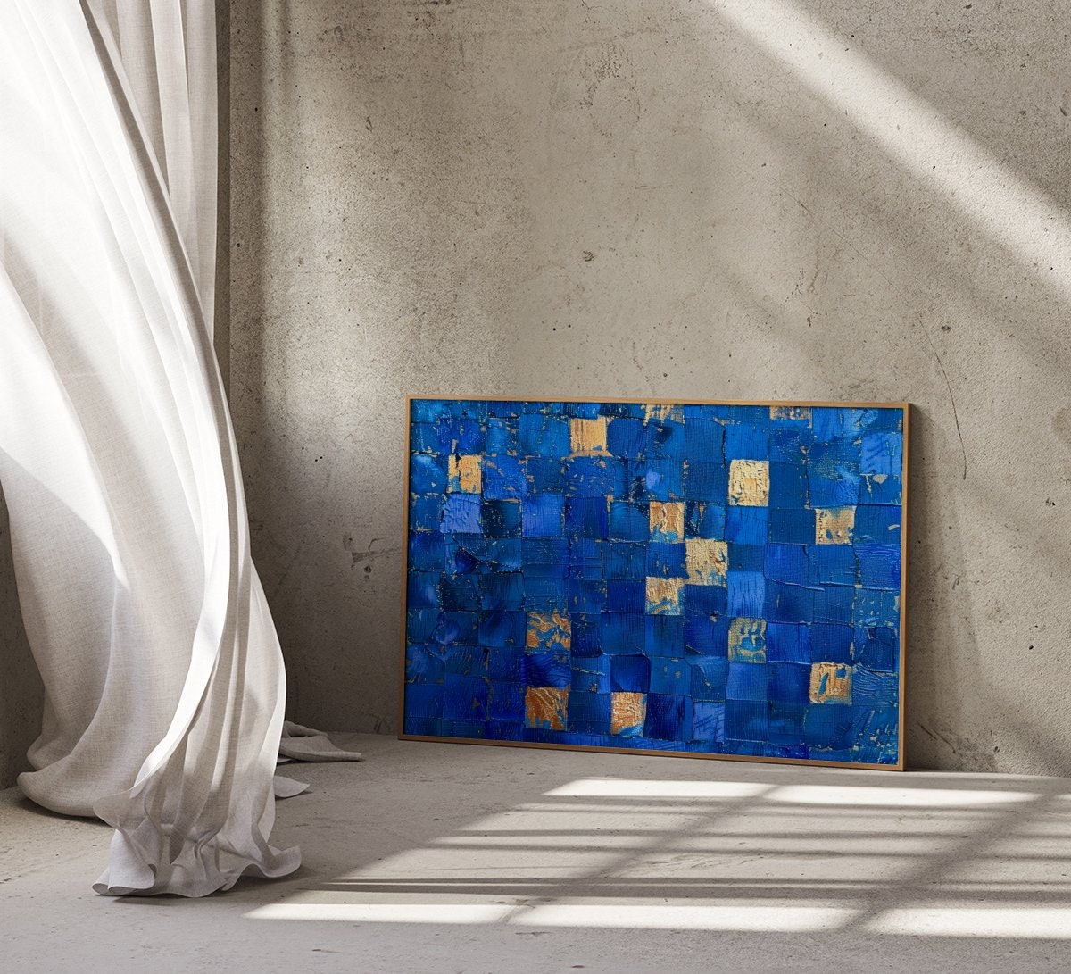 Golden Azure Intricate Mosaic Pattern of Blue and Gold Squares Interactive Wall Art