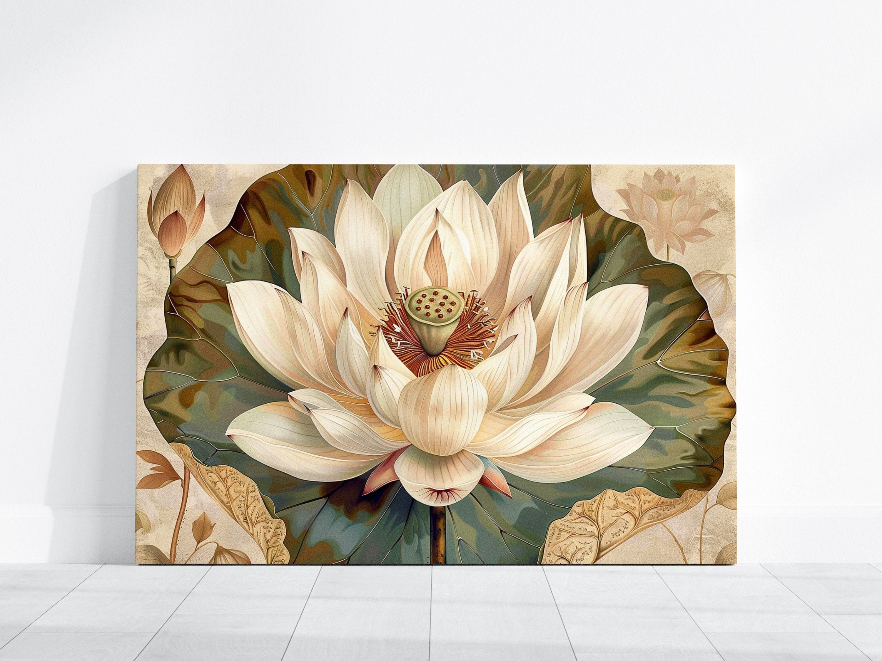 Ethereal Lotus Pristine White Lotus Bloom Against Antique Parchment Interactive Wall Art