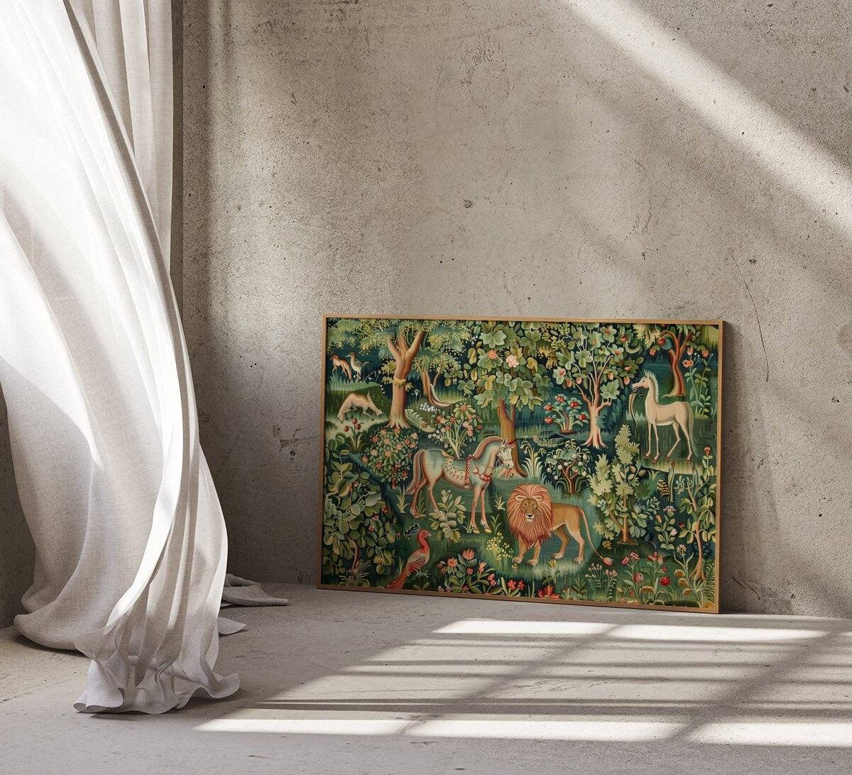 Medieval Wilderness Tapestry of Idyllic Forest Scene with Lion Interactive Wall Art