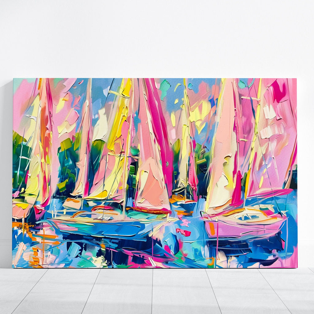 The Regatta: Impressionist Pink Sailboats on Blue Water | Vibrant & Joyful Coastal Art