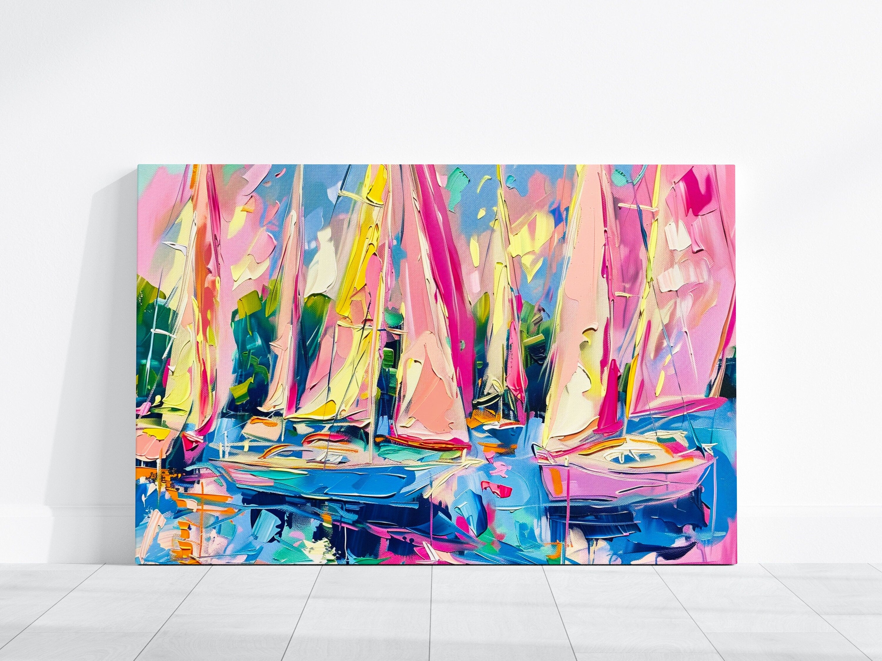 The Regatta: Impressionist Pink Sailboats on Blue Water | Vibrant & Joyful Coastal Art