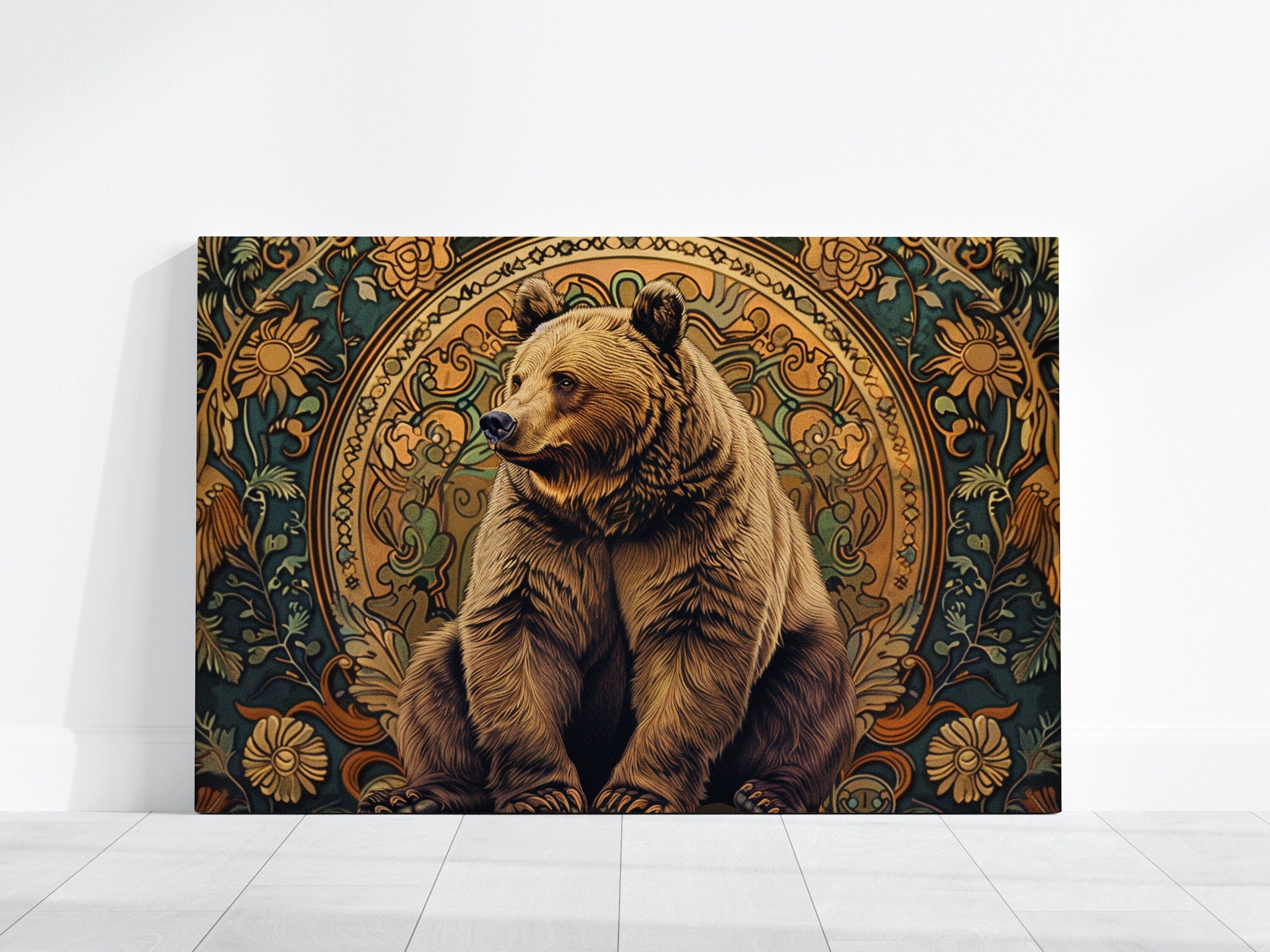 Majestic Brown Bear Ornate Art Nouveau Floral Tapestry Interactive Wall Art