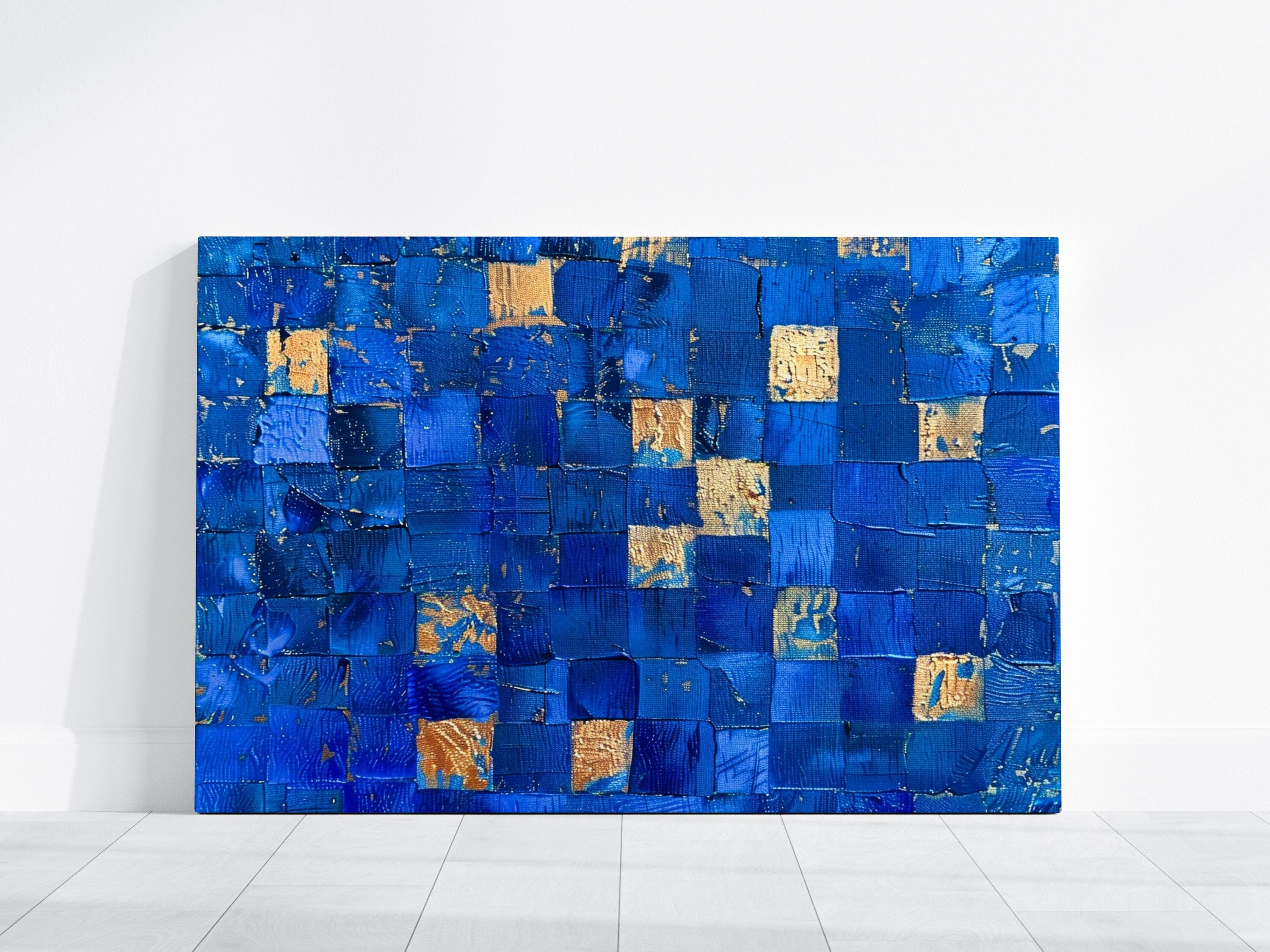 Golden Azure Intricate Mosaic Pattern of Blue and Gold Squares Interactive Wall Art