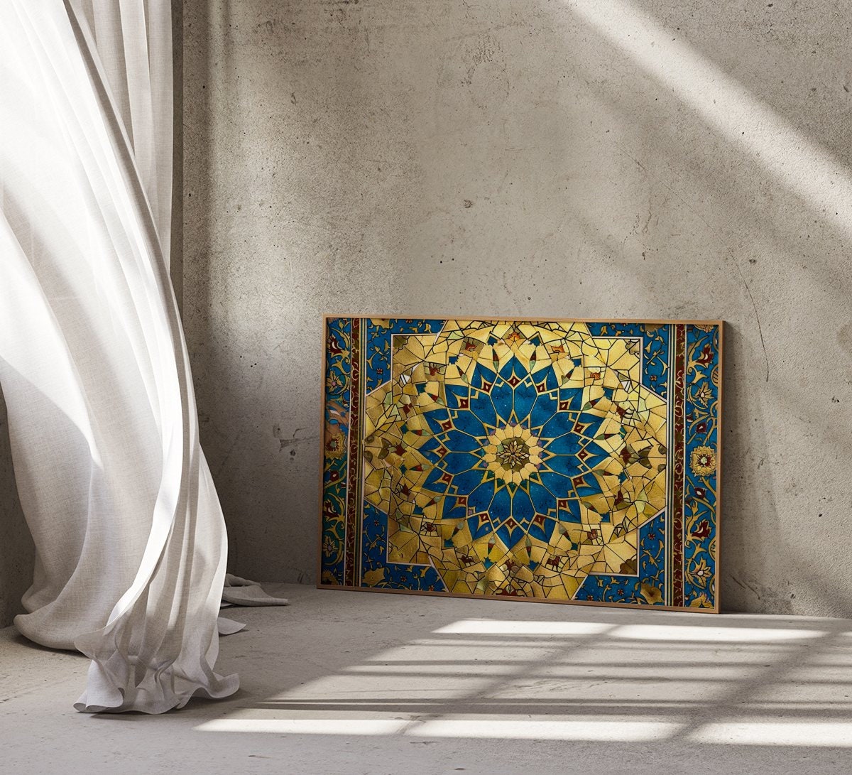 Persian Splendor: Blue & Gold Mosaic Art with Floral Motifs | Elegant & Traditional Wall Decor
