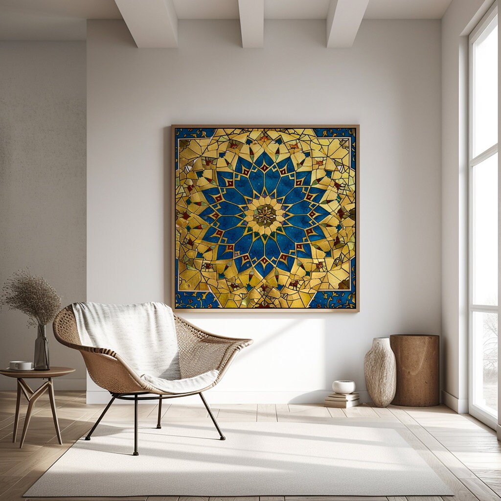 Persian Splendor: Blue & Gold Mosaic Art with Floral Motifs | Elegant & Traditional Wall Decor