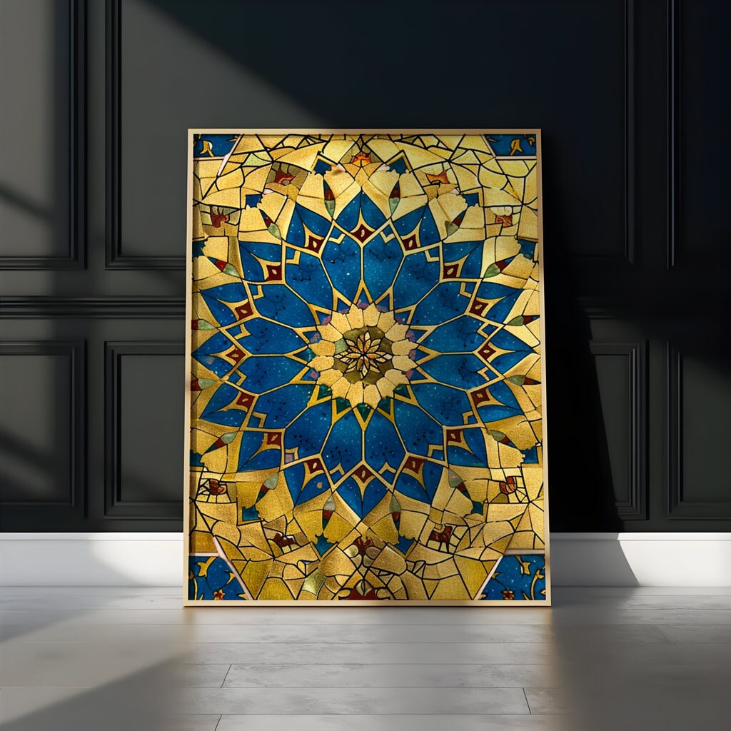Persian Splendor: Blue & Gold Mosaic Art with Floral Motifs | Elegant & Traditional Wall Decor
