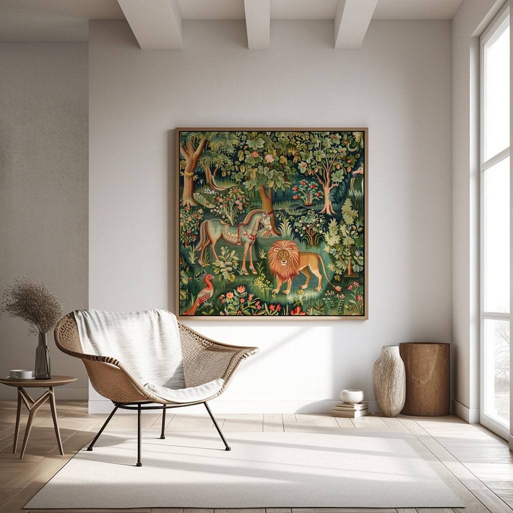 Medieval Wilderness Tapestry of Idyllic Forest Scene with Lion Interactive Wall Art