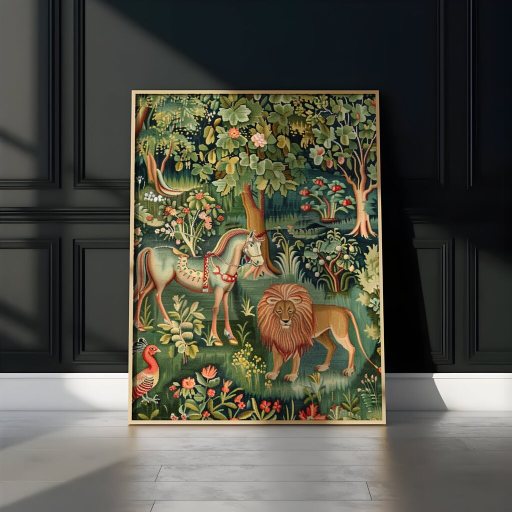 Medieval Wilderness Tapestry of Idyllic Forest Scene with Lion Interactive Wall Art