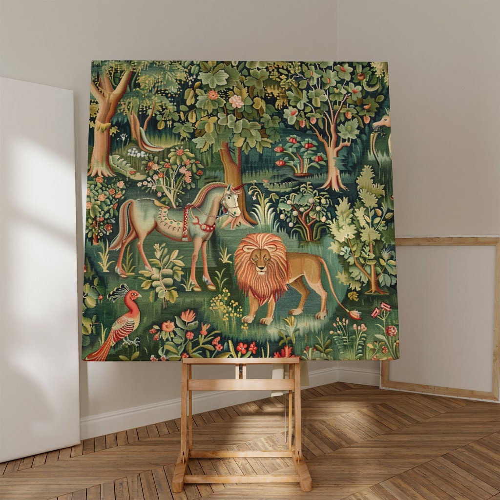 Medieval Wilderness Tapestry of Idyllic Forest Scene with Lion Interactive Wall Art