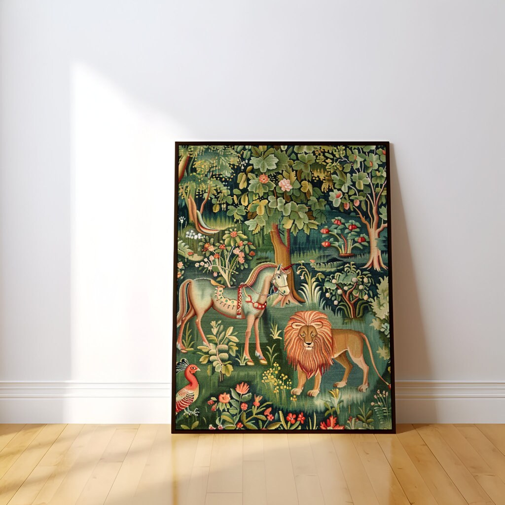 Medieval Wilderness Tapestry of Idyllic Forest Scene with Lion Interactive Wall Art