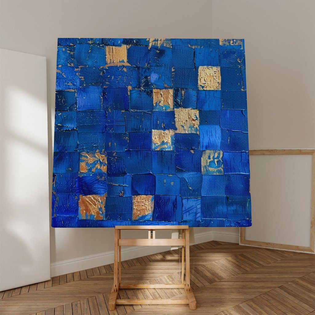 Golden Azure Intricate Mosaic Pattern of Blue and Gold Squares Interactive Wall Art