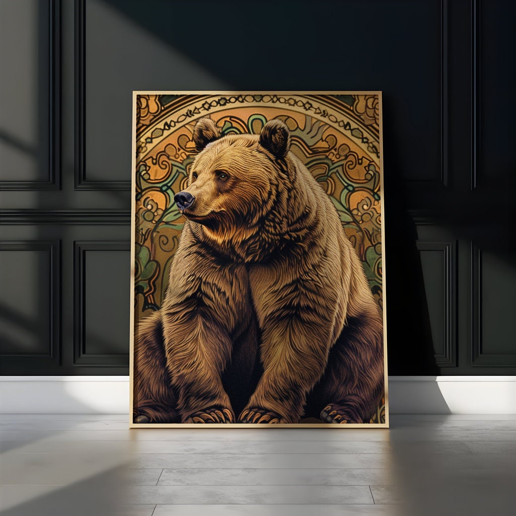 Majestic Brown Bear Ornate Art Nouveau Floral Tapestry Interactive Wall Art