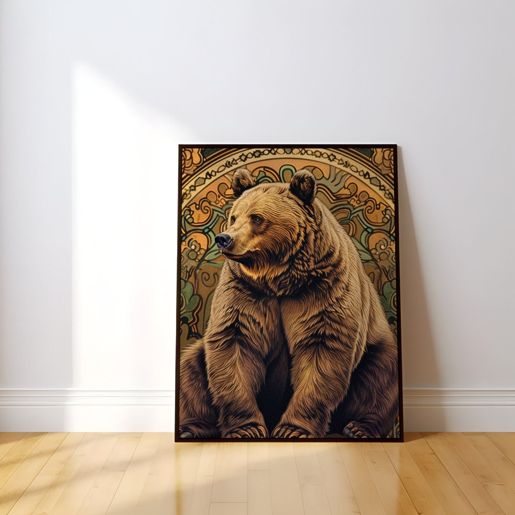 Majestic Brown Bear Ornate Art Nouveau Floral Tapestry Interactive Wall Art