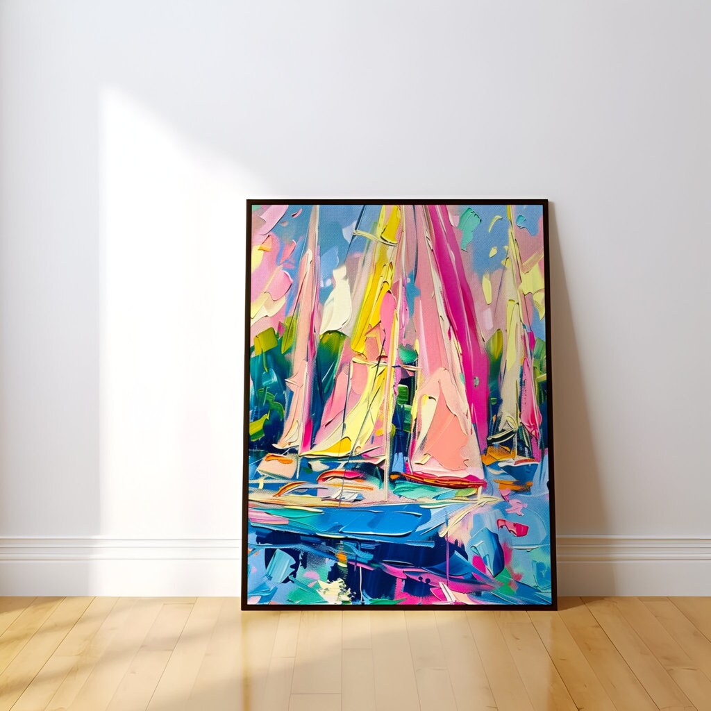 The Regatta: Impressionist Pink Sailboats on Blue Water | Vibrant & Joyful Coastal Art