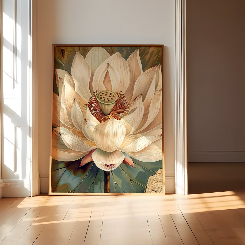 Ethereal Lotus: Serene White Flower on Antique Calligraphy | Zen & Spiritual Wall Art
