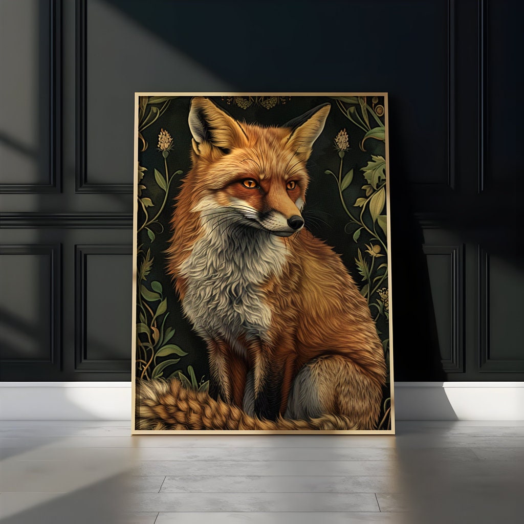 Majestic Red Fox Art Nouveau Elegance with Piercing Amber Eyes Interactive Wall Art